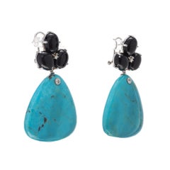 GIA Certified Turquoise Onyx Diamond White Gold Dangle Earrings