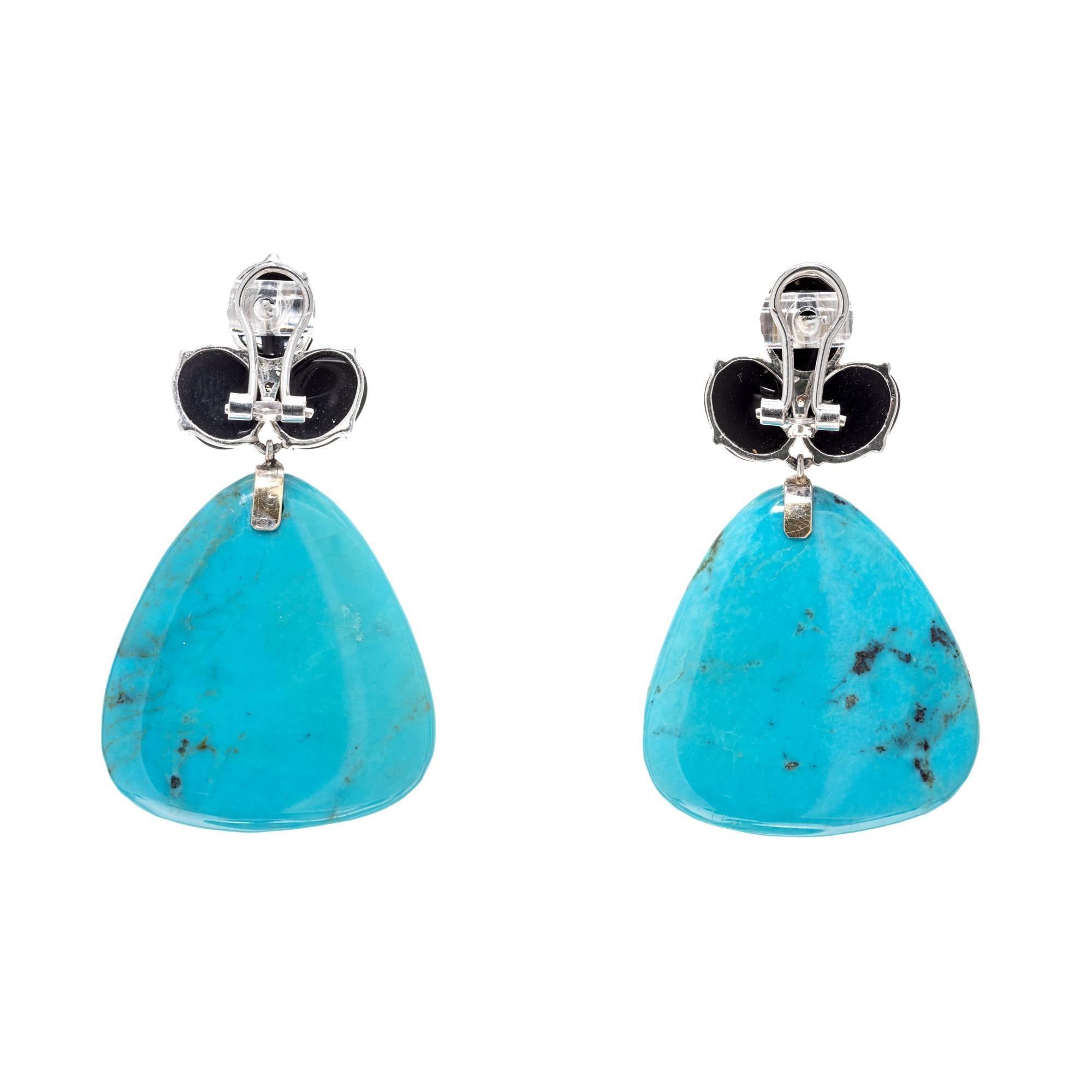 Pear Cut GIA Certified Turquoise Onyx Diamond White Gold Dangle Earrings For Sale
