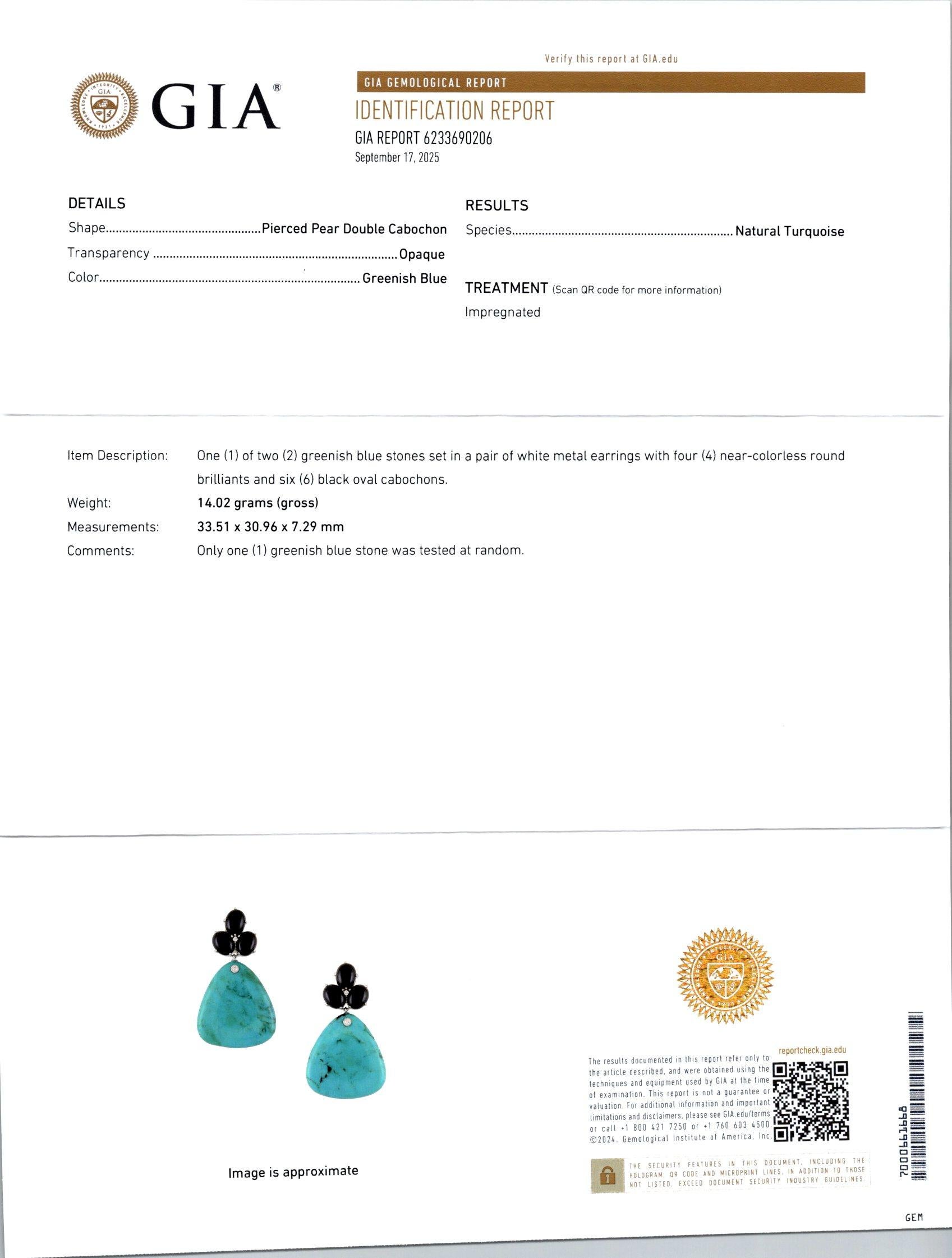 GIA Certified Turquoise Onyx Diamond White Gold Dangle Earrings In Good Condition For Sale In Stamford, CT