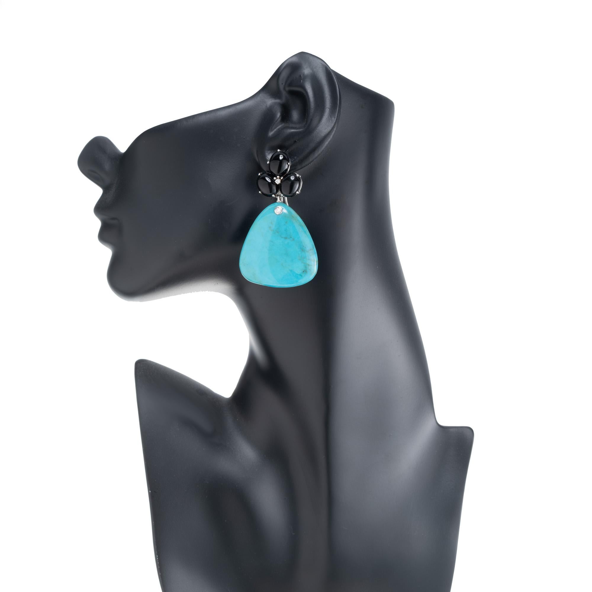 GIA Certified Turquoise Onyx Diamond White Gold Dangle Earrings For Sale 1