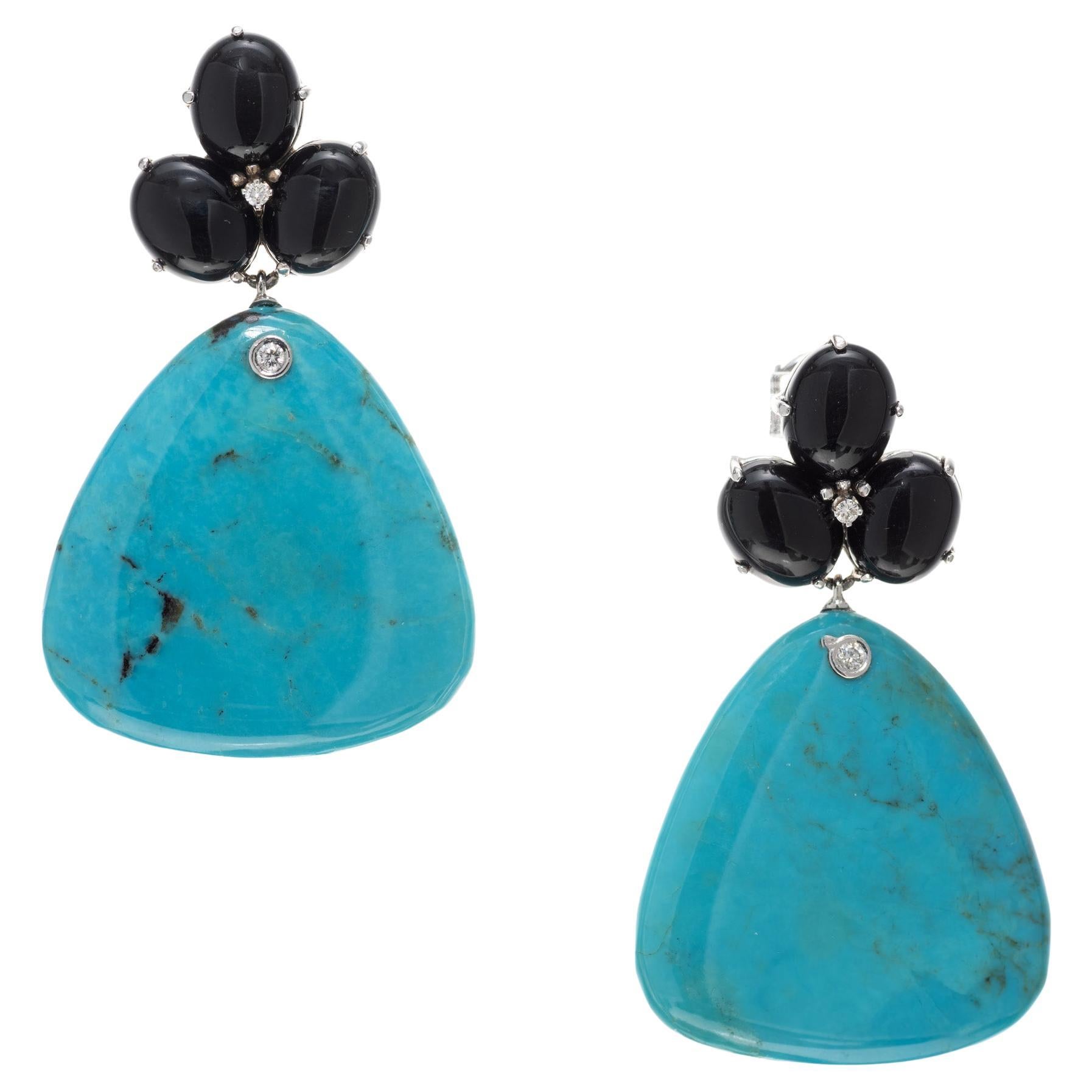 GIA Certified Turquoise Onyx Diamond White Gold Dangle Earrings