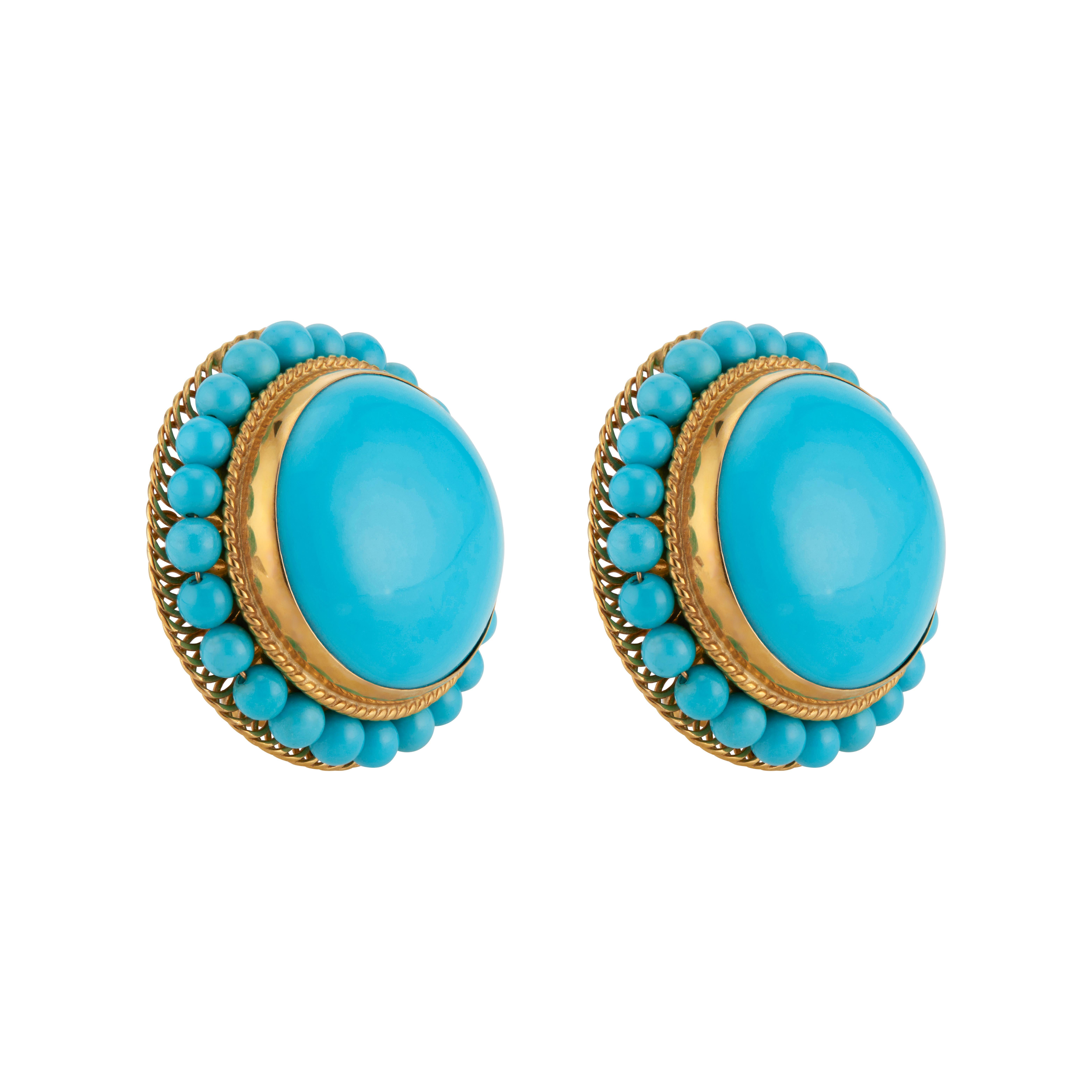 1950's IGD 18k yellow gold clip post style Turquoise earrings. GIA certified natural color sealed with a polymer to protect the Turquoise. 2 round cabochon turquoise with halos of round turquoise beads. 

2 round cabochon bright blue Robin’s Egg