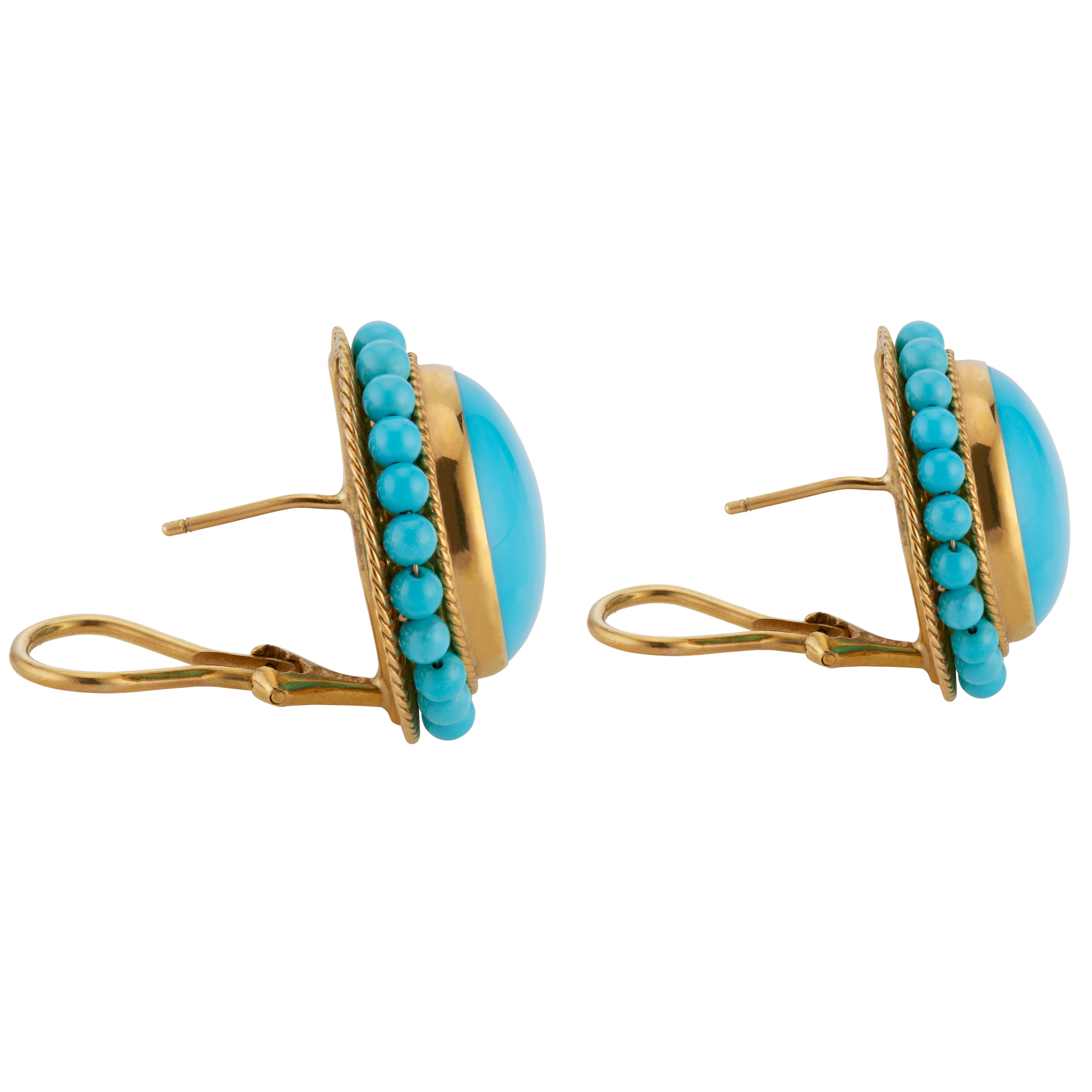 Round Cut GIA Certified Turquoise Yellow Gold Button Clip Post Earrings For Sale
