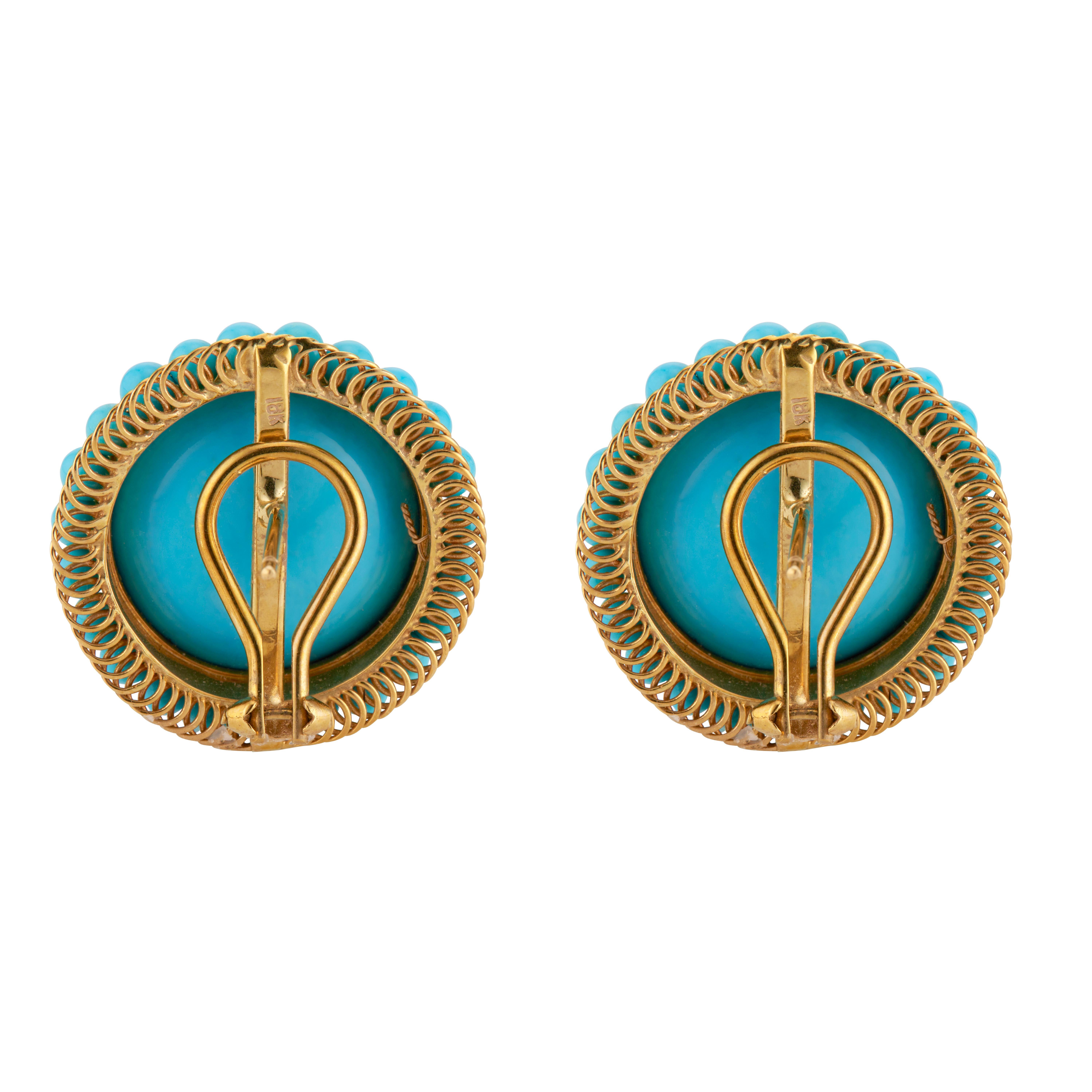 GIA Certified Turquoise Yellow Gold Button Clip Post Earrings In Good Condition For Sale In Stamford, CT