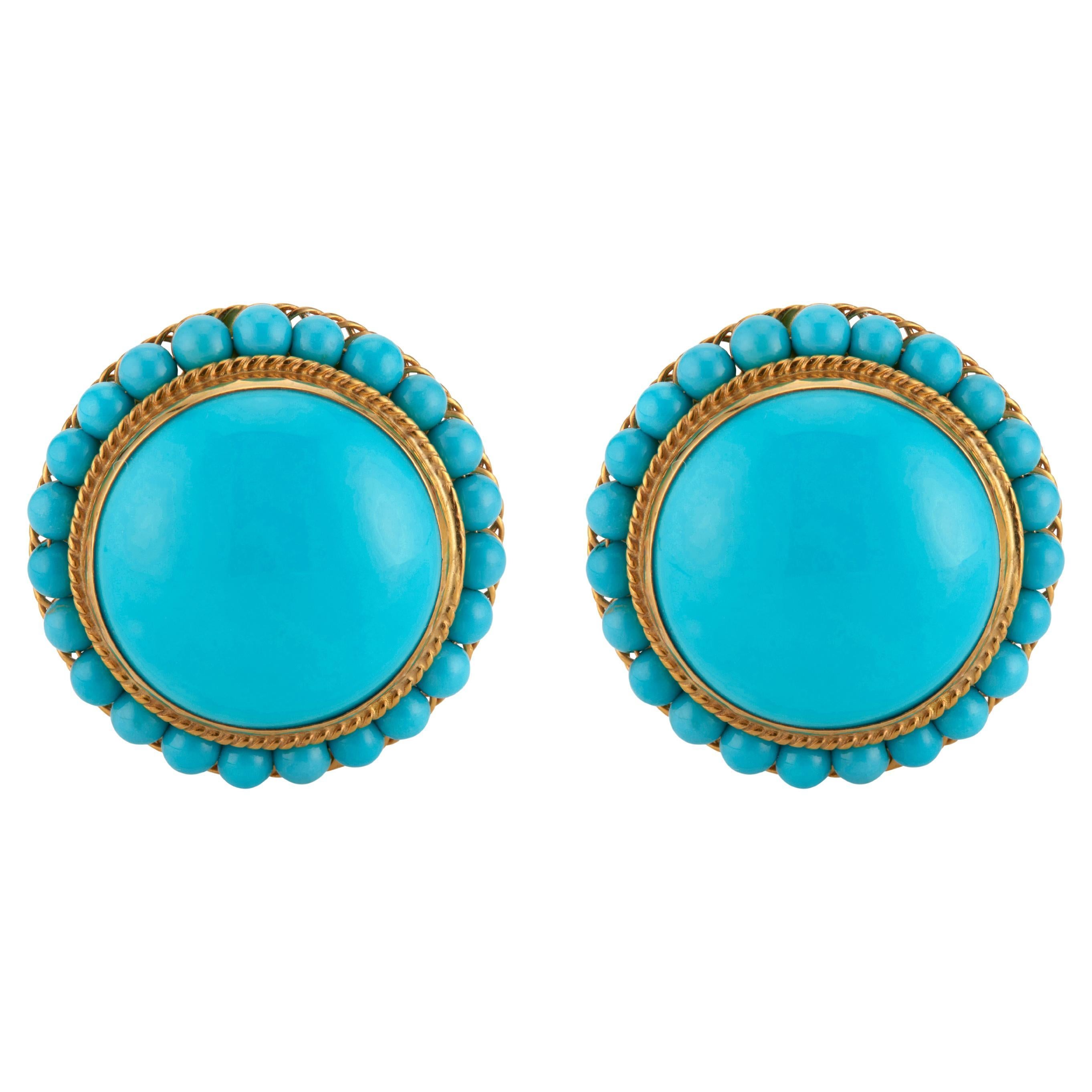 GIA Certified Turquoise Yellow Gold Button Clip Post Earrings For Sale