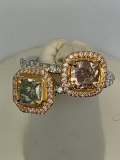 GIA Certified Two-Stone Fancy Pink and Yellow-Green Diamond Bypass Ring