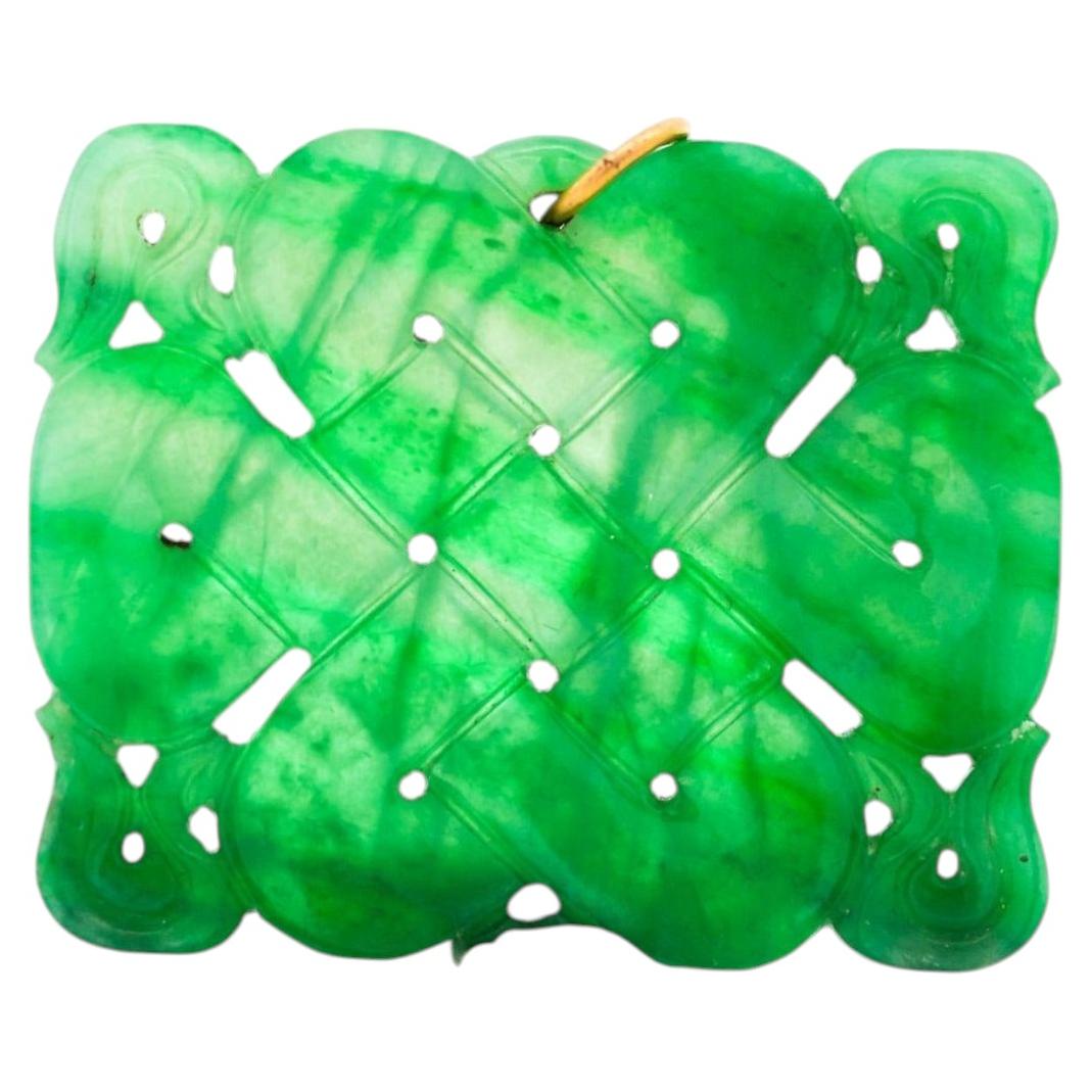 GIA Certified Type A Fei Cui Jadeite Jade Pierced Carving Yellow Gold Pendant