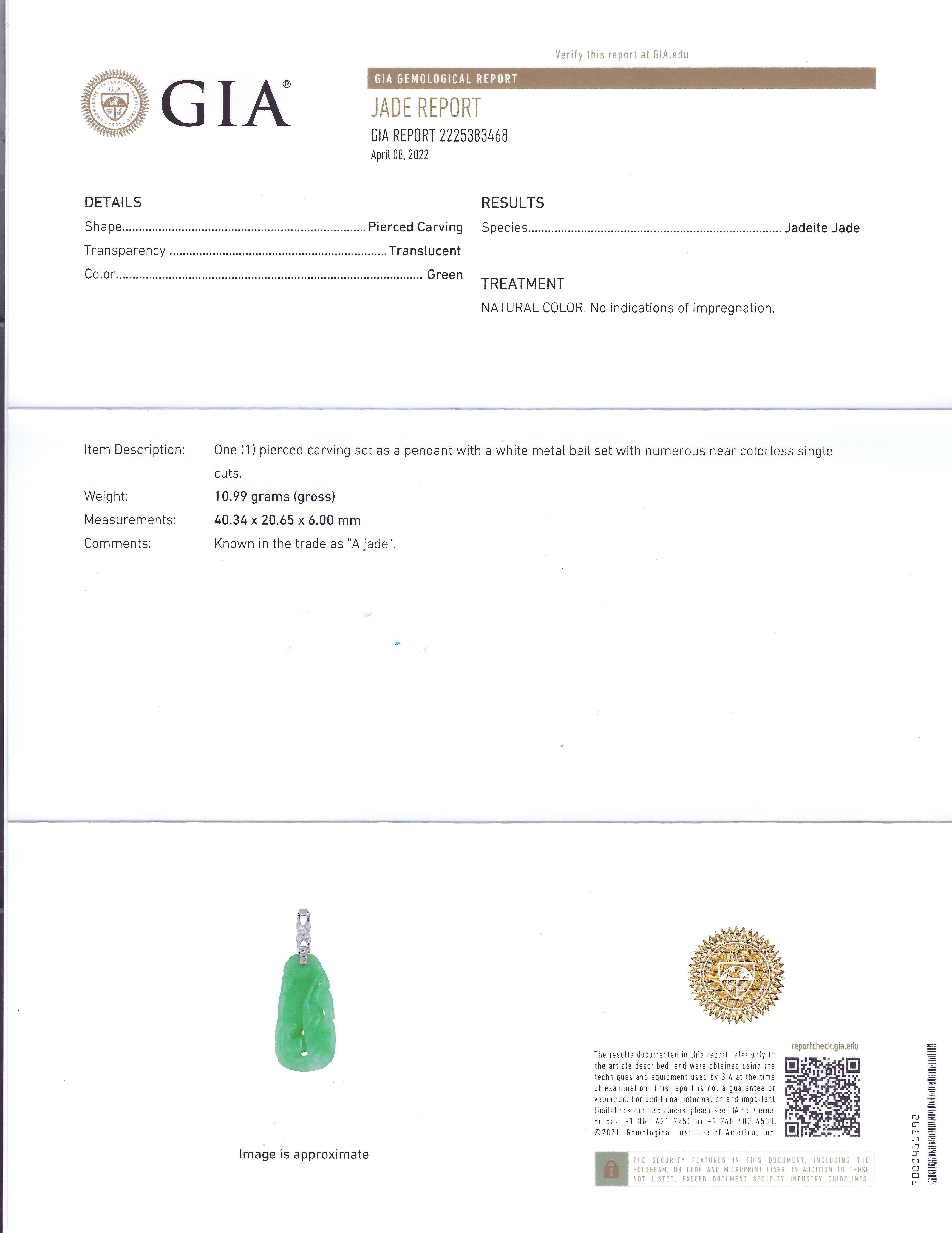 GIA-Certified Type A Jadeite Jade Crane & Deer Pendant with Platinum Diamond Top For Sale 1