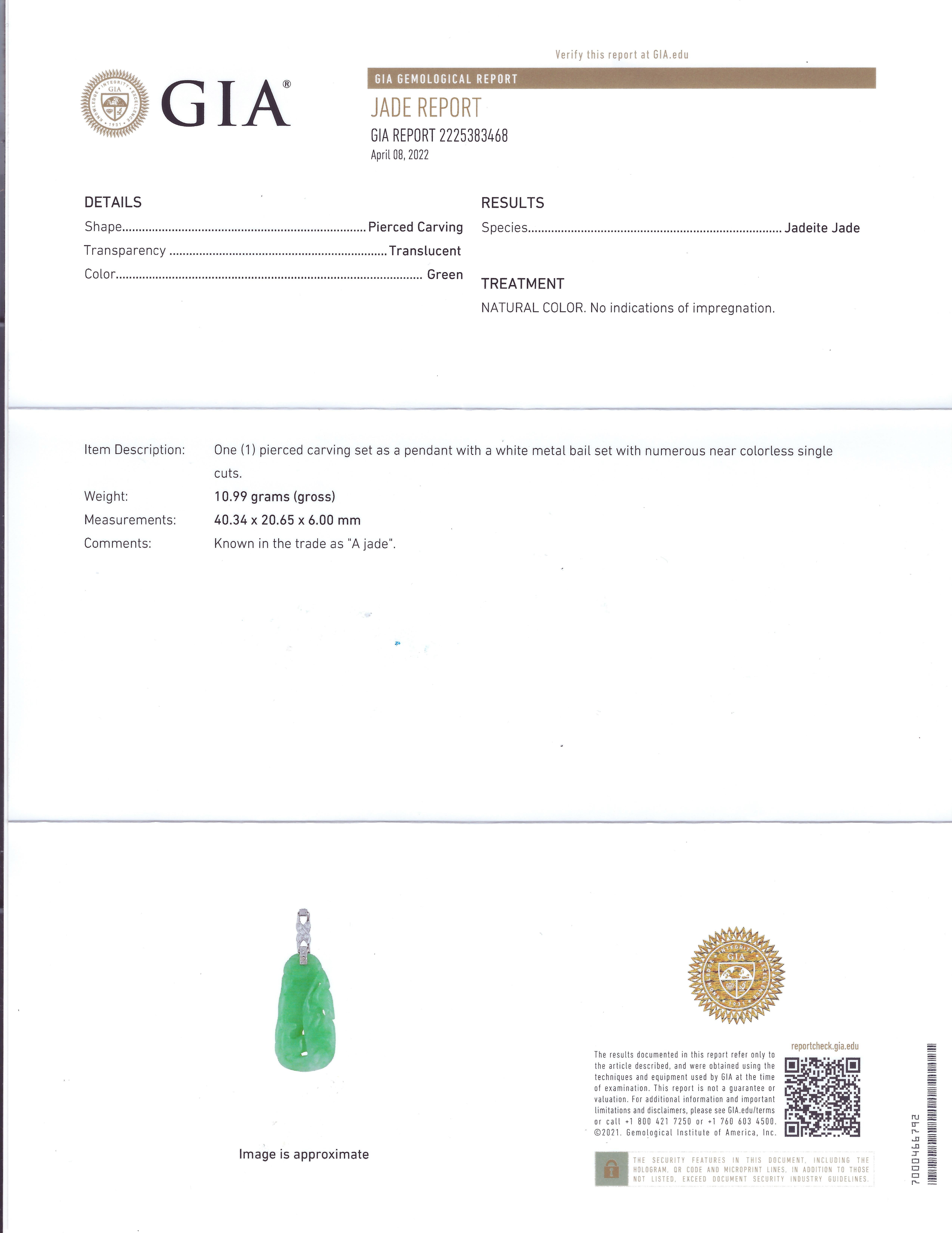 Ciondolo con gru e cervi di giada certificata GIA di tipo A con diamante in platino in vendita 4