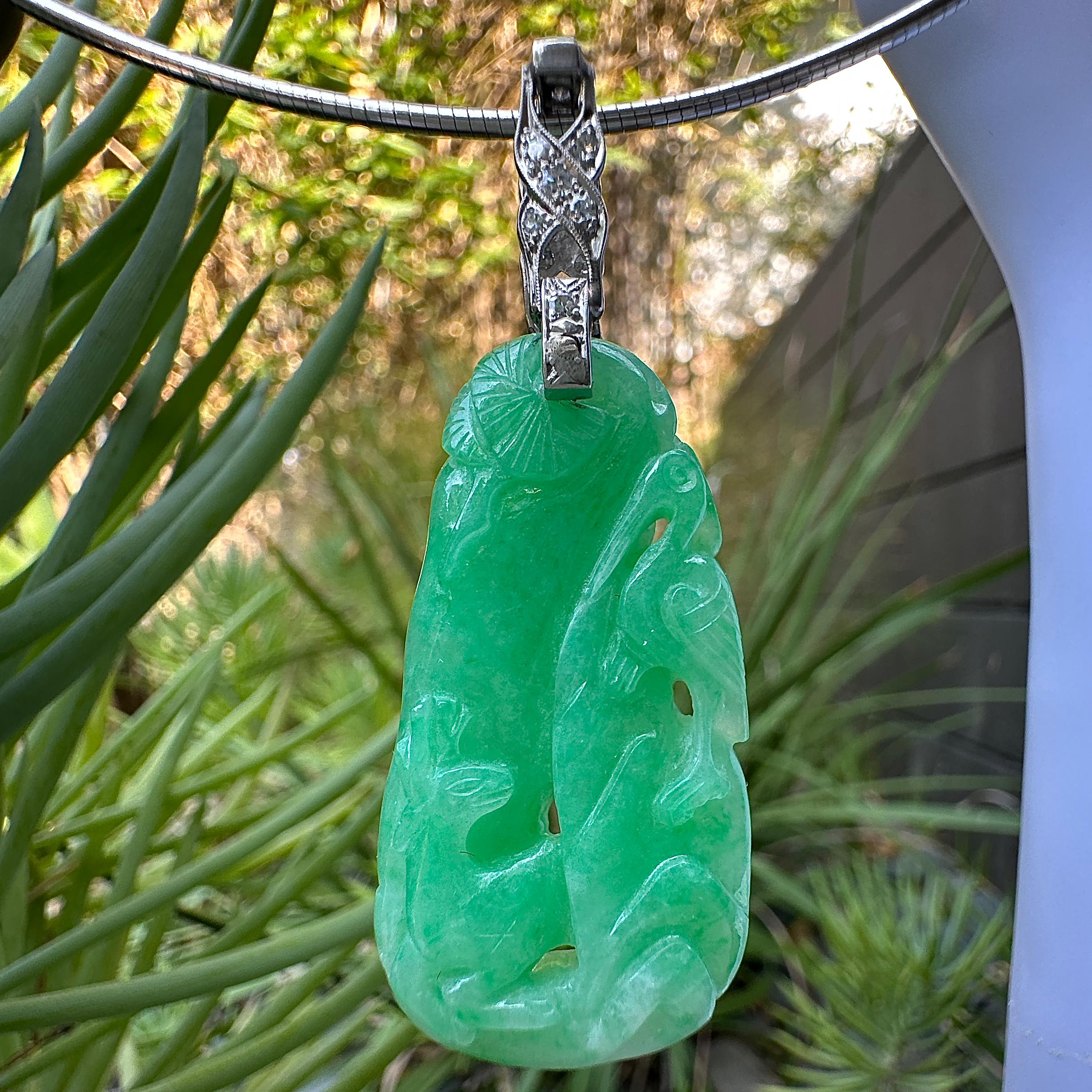 Single Cut GIA-Certified Type A Jadeite Jade Crane & Deer Pendant with Platinum Diamond Top For Sale