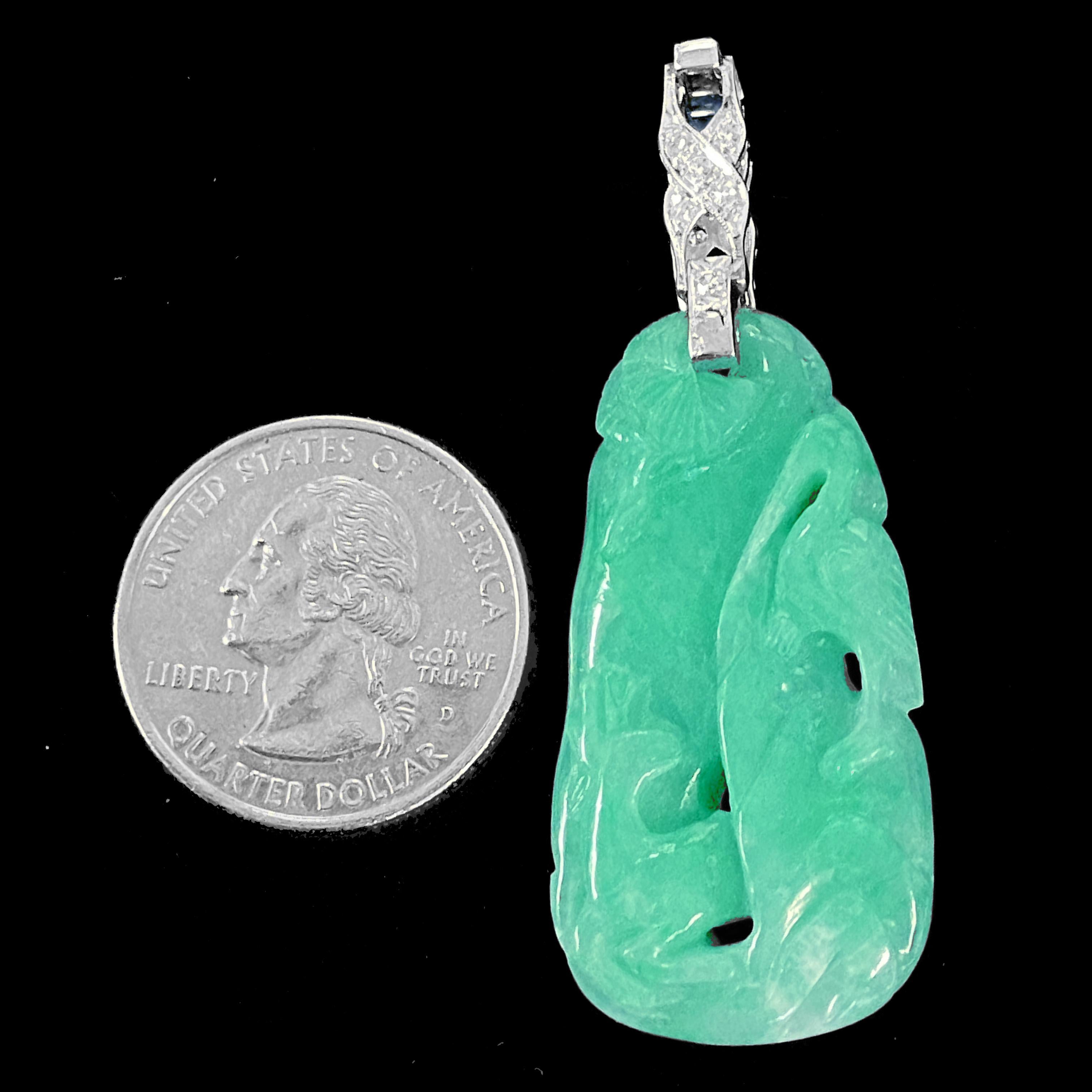 GIA-Certified Type A Jadeite Jade Crane & Deer Pendant with Platinum Diamond Top In Excellent Condition For Sale In Sherman Oaks, CA