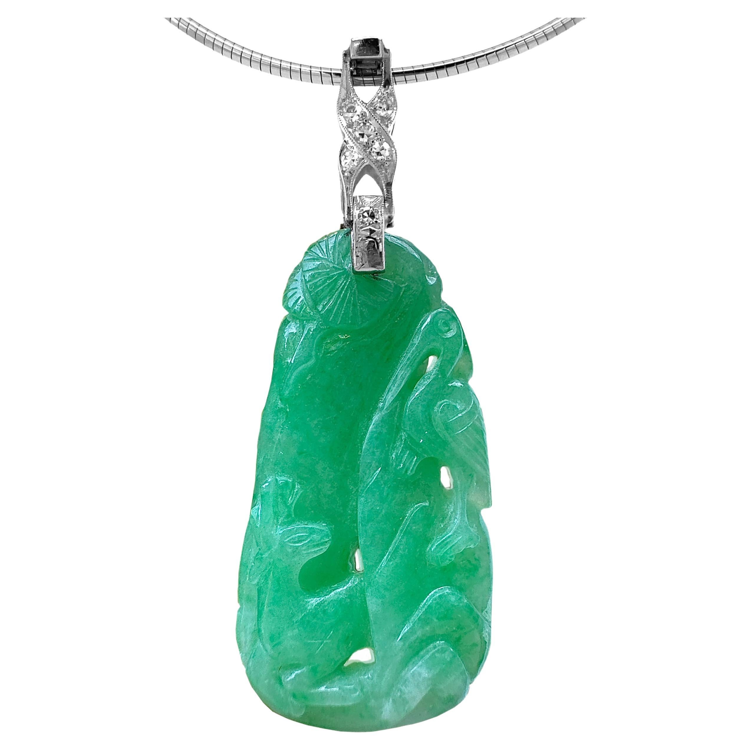 GIA-Certified Type A Jadeite Jade Crane & Deer Pendant with Platinum Diamond Top