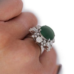 GIA Certified Type A Jadeite Jade & Old Cut Diamond 18K Gold Halo Starburst Ring