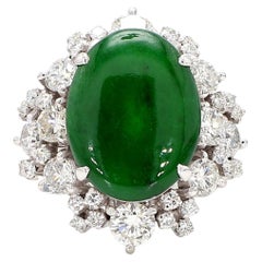 GIA Certified Type A Jadeite Jade & Old Cut Diamond 18K Gold Halo Starburst Ring