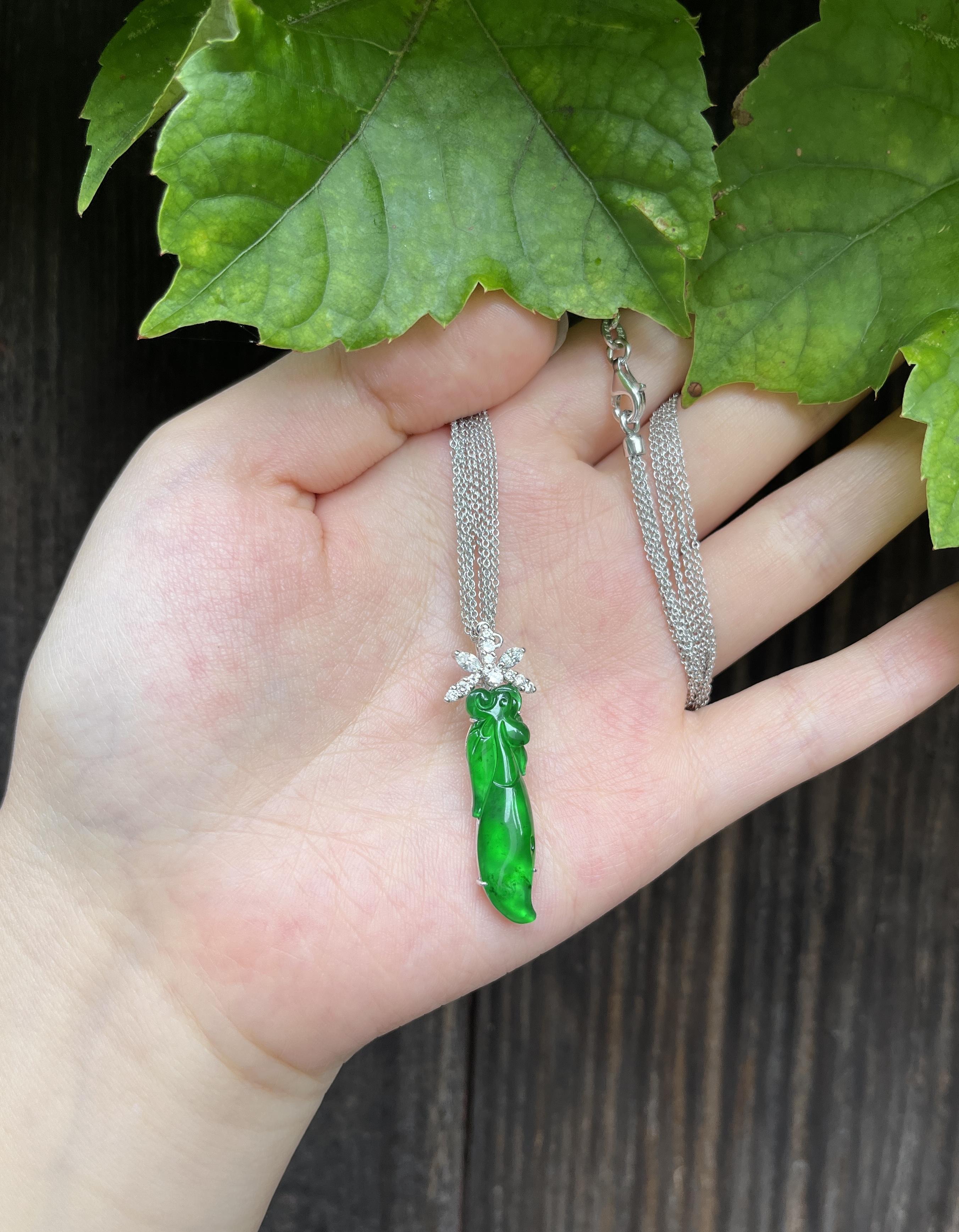 GIA Certified Type A Jadeite Jade Pendant Diamond 18K Gold Necklace For Sale 11