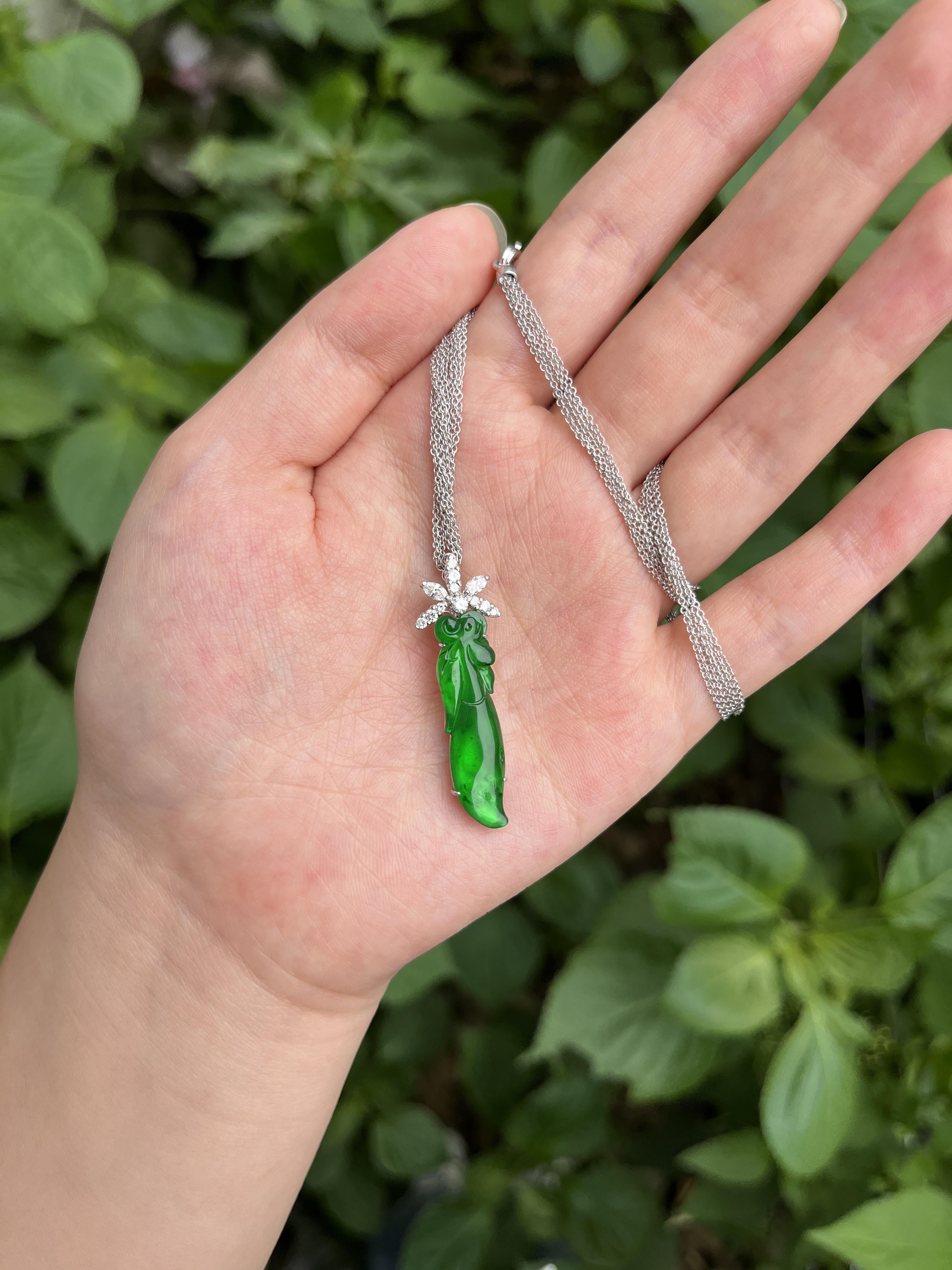 GIA Certified Type A Jadeite Jade Pendant Diamond 18K Gold Necklace For Sale 12