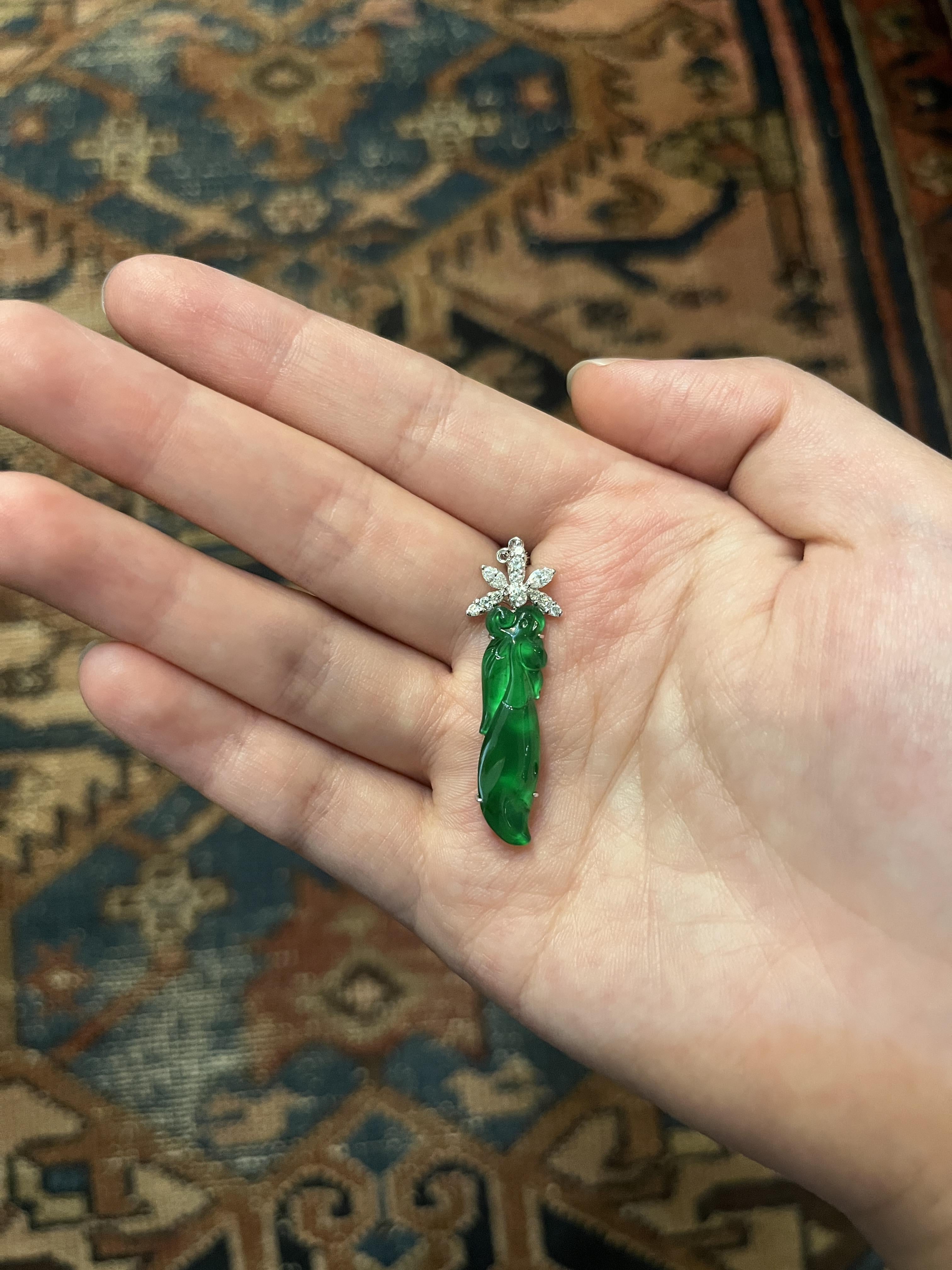 GIA Certified Type A Jadeite Jade Pendant Diamond 18K Gold Necklace For Sale 13