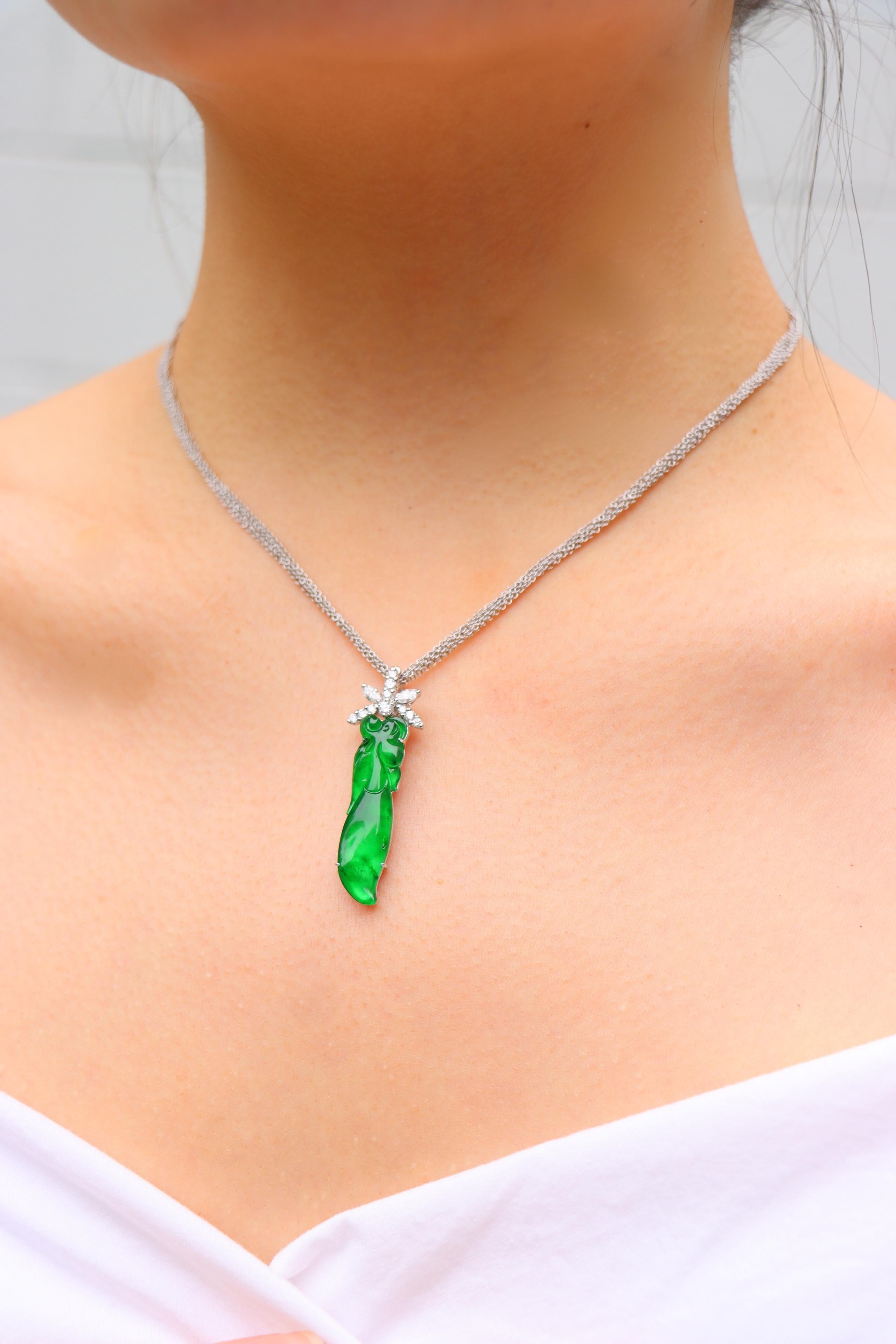 Women's or Men's GIA Certified Type A Jadeite Jade Pendant Diamond 18K Gold Necklace For Sale
