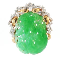 GIA Certified Type A Natural Carved Jadeite Jade Pendant Brooch In Two Tone 18K