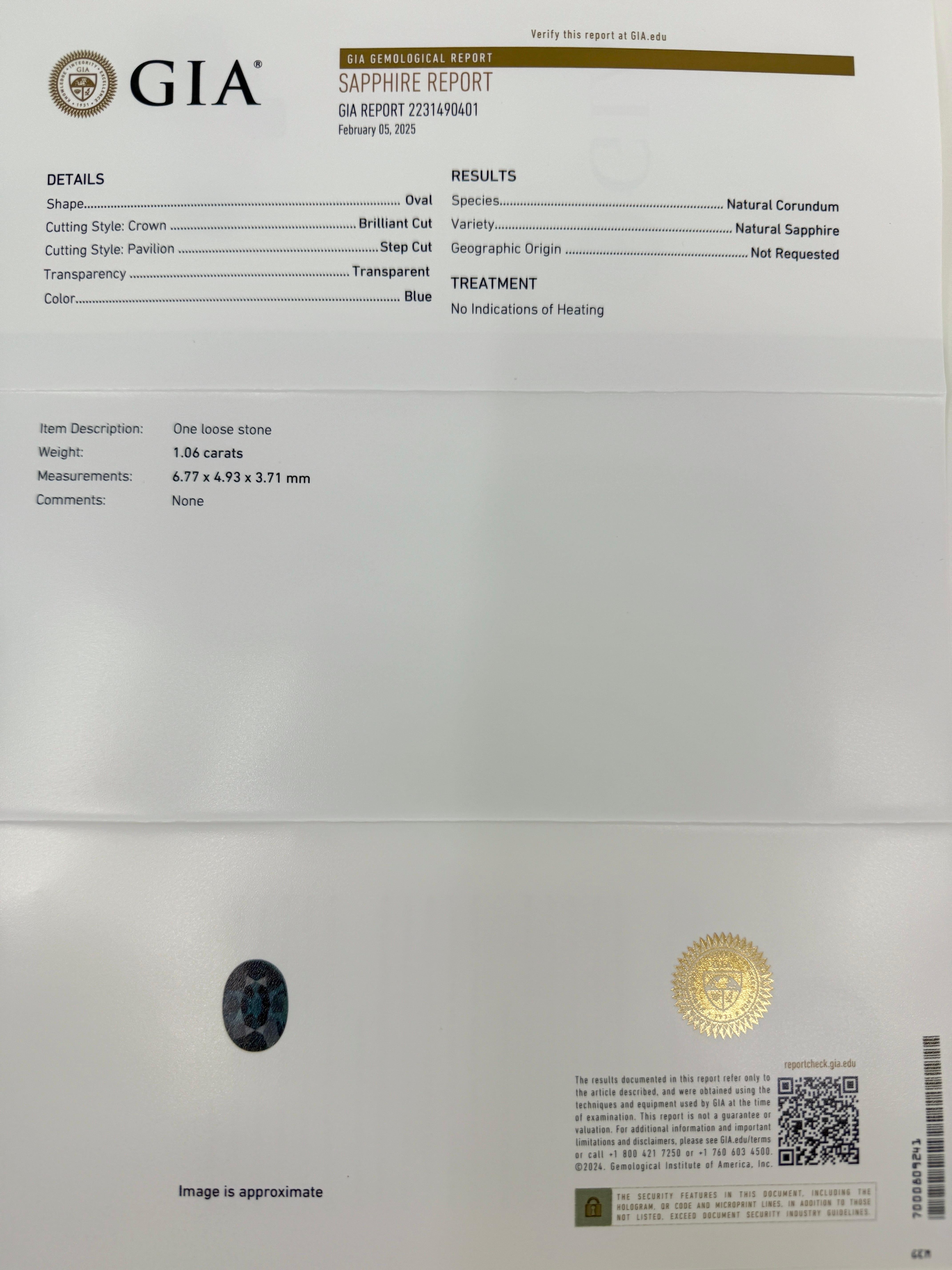 GIA Certified Unheated Fine Blue Sapphire & Diamond 950 Platinum Halo Pendant Necklace. 
1.19 Carat total.

1.06 Carat sapphire with a fine blue colour and excellent clarity. VVS. A very clean stone.
Also has an excellent oval cut, measuring