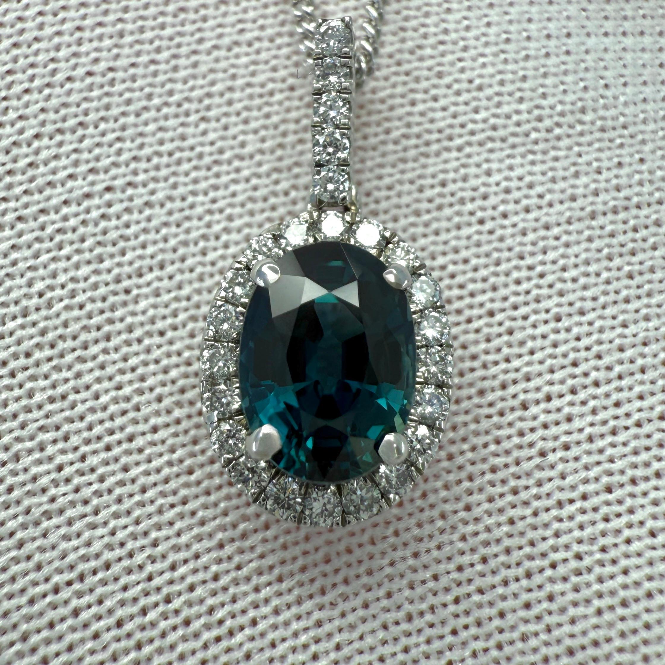 Oval Cut GIA Certified Unheated 1.19ct Blue Sapphire & Diamond Platinum Pendant Necklace For Sale