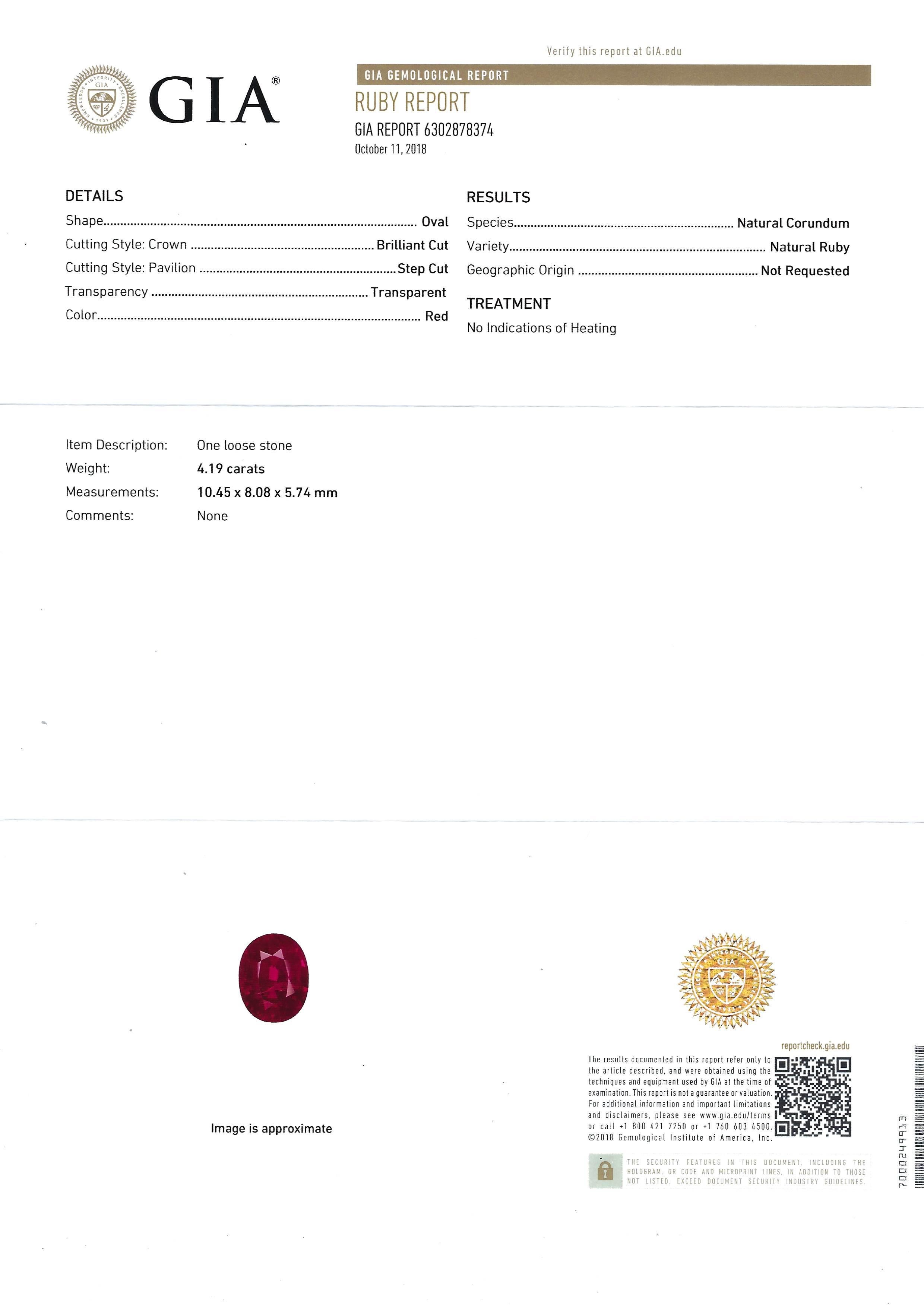 GIA-zertifizierter unerhitzter 4 Karat Rubin mit Diamantring aus 18 Karat Gold im Angebot 10