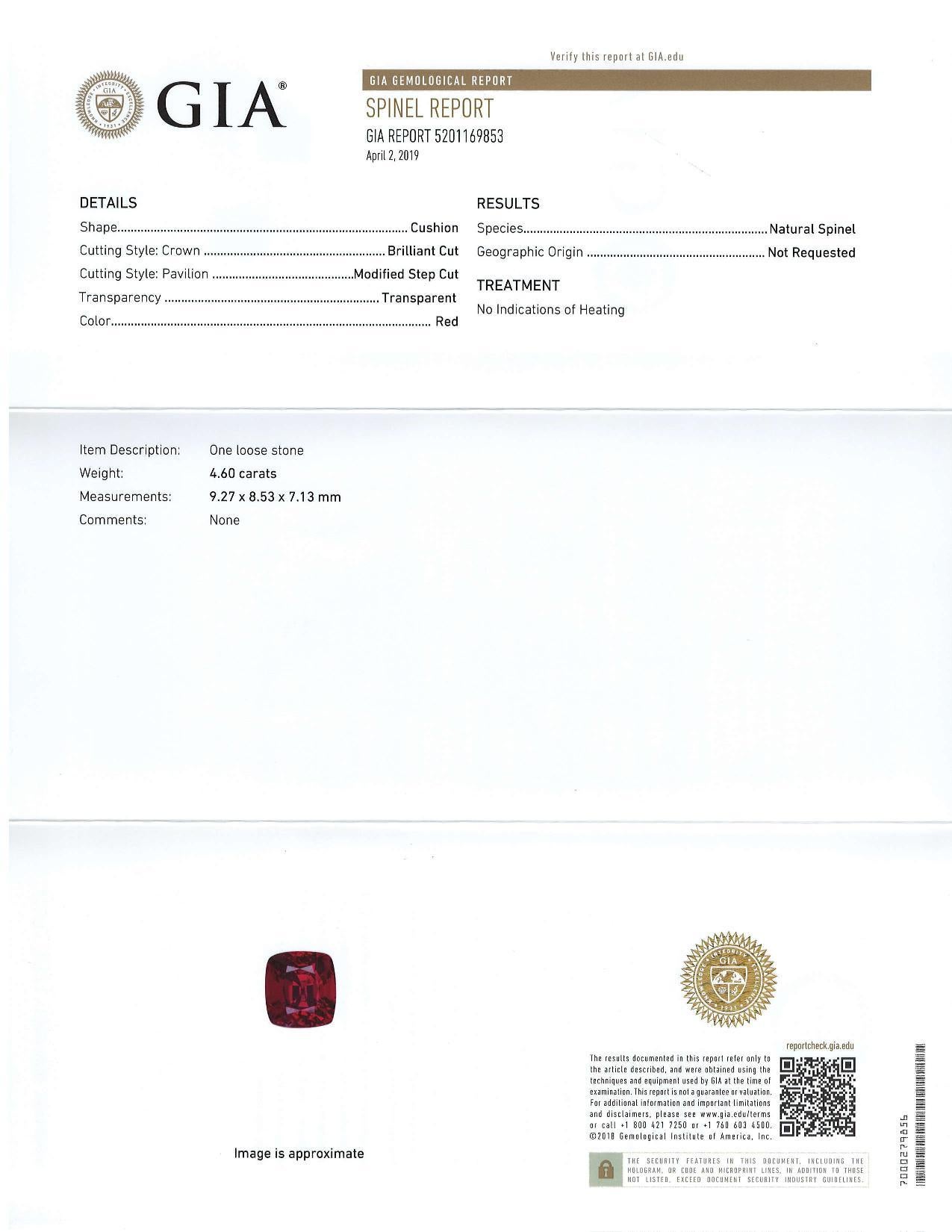 Espinela roja en cojín de 4,60 quilates, gema suelta, certificada por el GIA Artesano en venta
