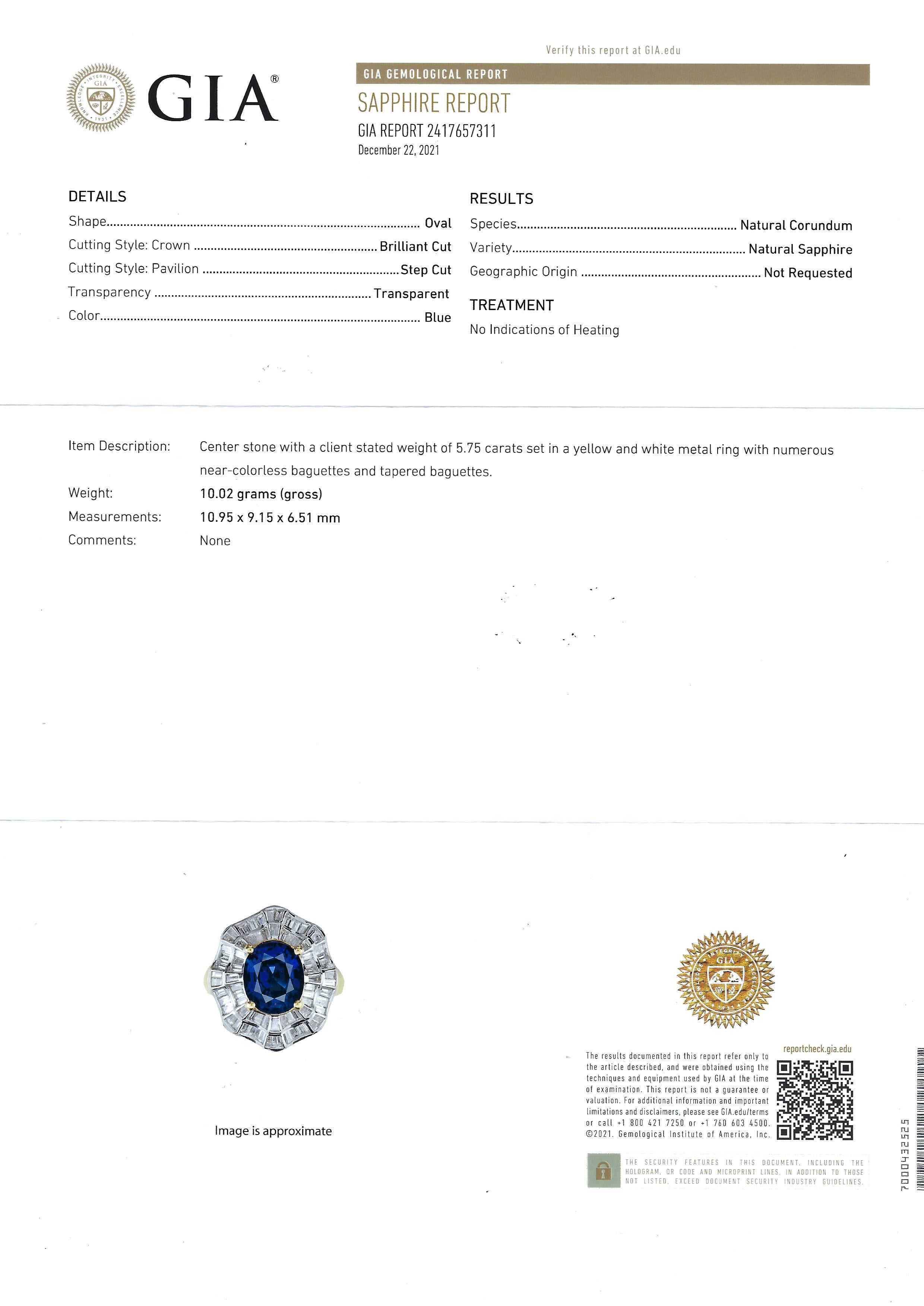 GIA Certified Unheated 5 Cts Blue Sapphire with Diamond Ring in 18 Karat Gold For Sale 9