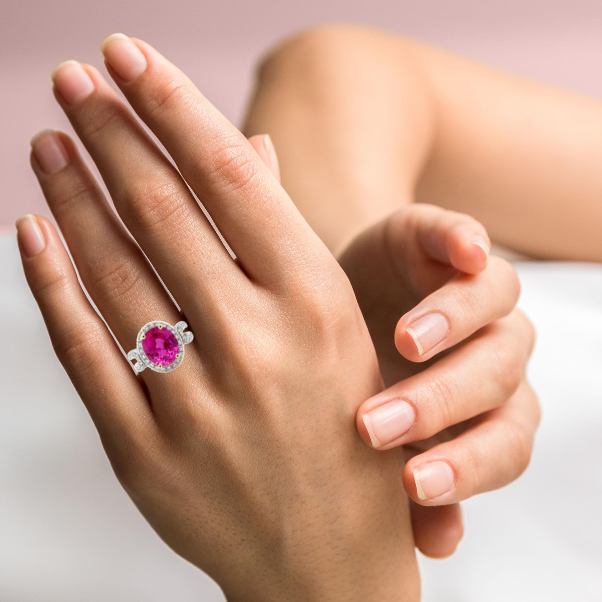 GIA Certified Unheated 5.73 Carat Pink Sapphire and Diamond Cocktail Ring For Sale 8