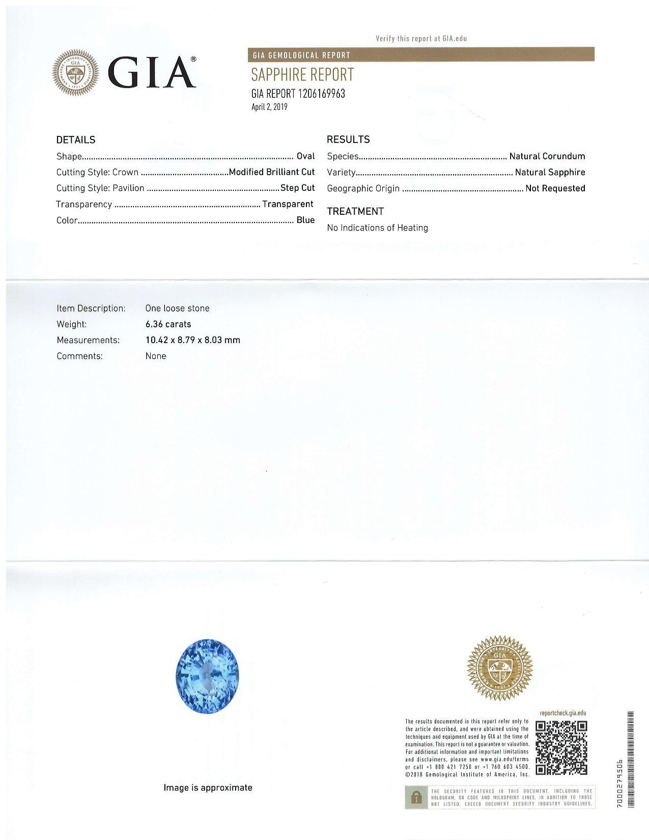 Artisan GIA Certified Unheated  6.36 Carat Oval Cornflower Blue Sapphire