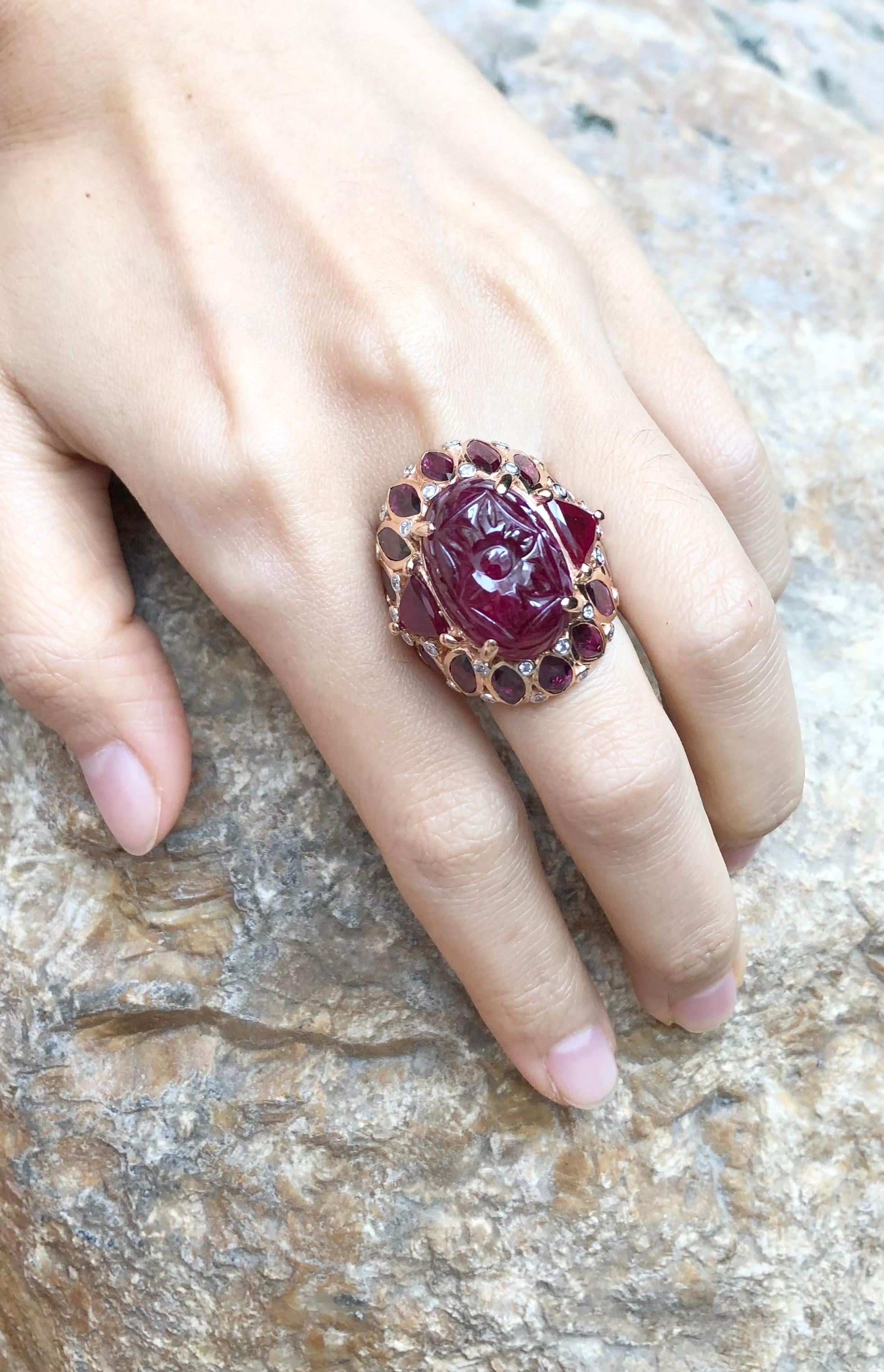 Cabochon Ruby 18.58 carats with Ruby 12.21 carats and Diamond 0.36 carat Ring set 18 Karat Rose Gold Settings
(GIA Certified)

Width:  2.7 cm 
Length: 2.9 cm
Ring Size: 56
Total Weight: 28.08 grams

