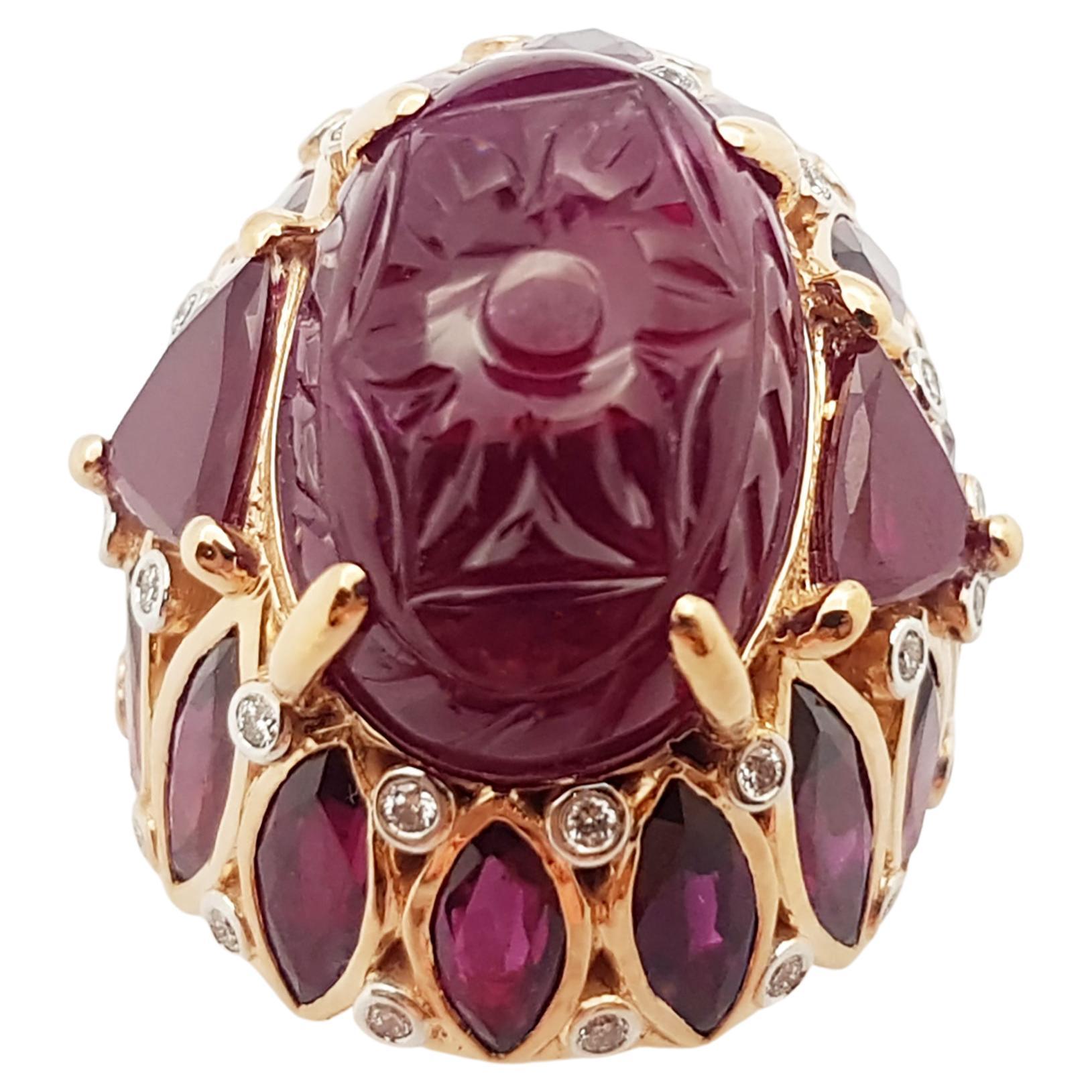 GIA Certified Unheated Cabochon Ruby with Ruby and Diamond Ring 18K Rose Gold 