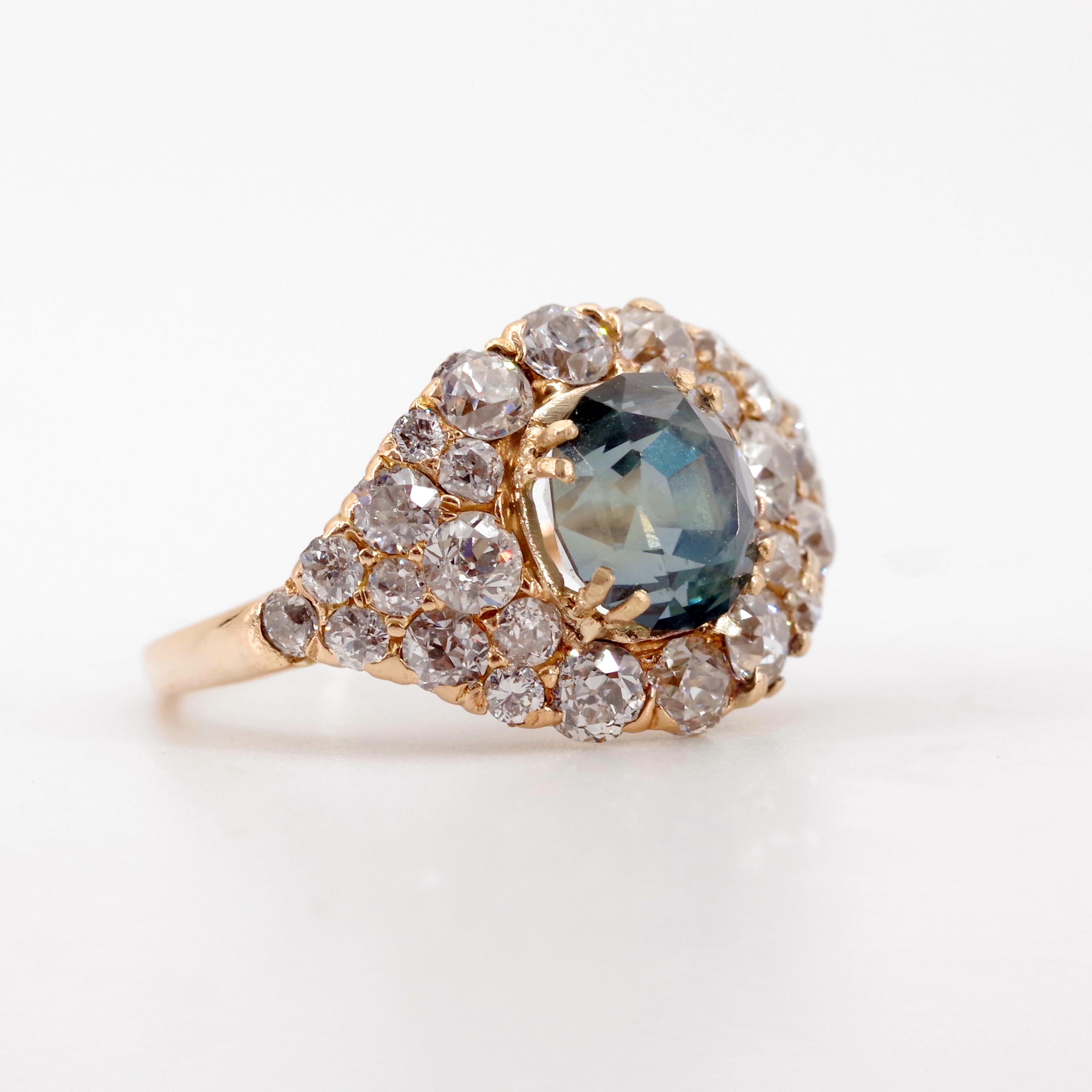 Victorian GIA Certified Unheated Montana Sapphire and Diamond Cluster Engagement Ring