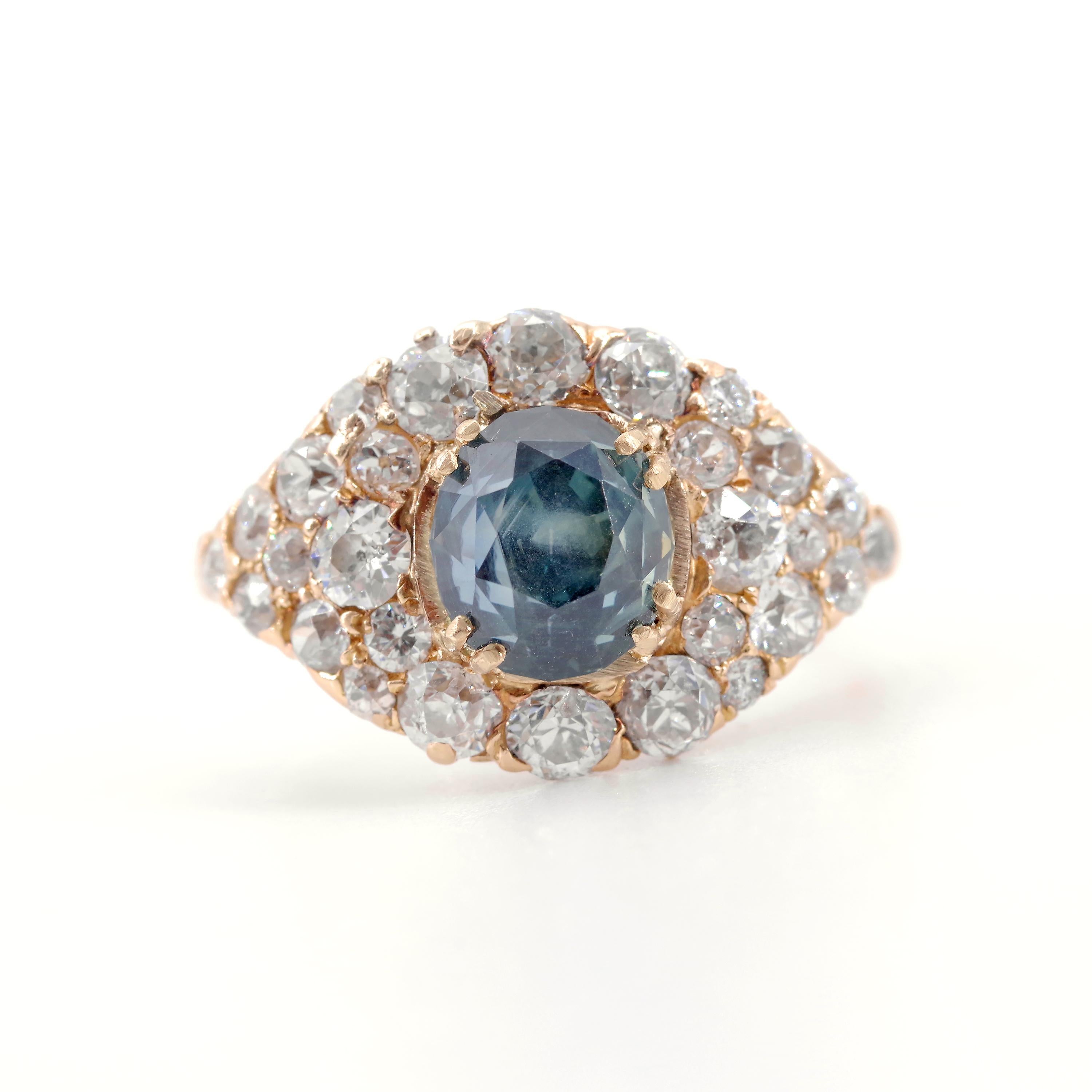 GIA Certified Unheated Montana Sapphire and Diamond Cluster Engagement Ring In Excellent Condition In Southbury, CT