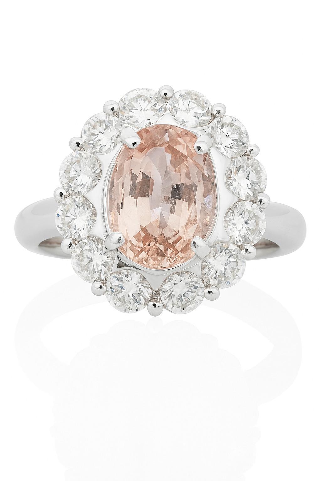 Taglio ovale Anello con zaffiro e diamante Padparadscha non riscaldato certificato GIA in vendita