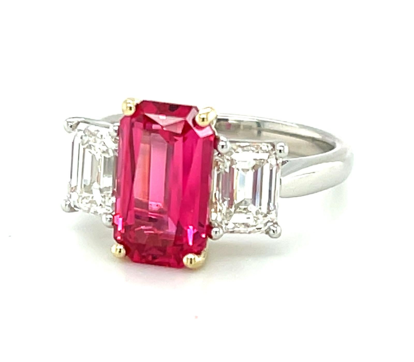 Octagon Cut GIA Certified Unheated Pink Spinel and Diamond Engagement Ring, 3.04 Carats For Sale
