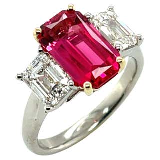 Certified Red Spinel and Diamond Three Stone Engagement Ring For Sale ...