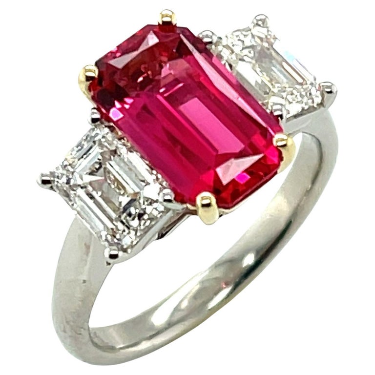 Pink Spinal Rings GIA Certified Unheated Pink Spinel Three-Stone Ring with Emerald-Cut ...
