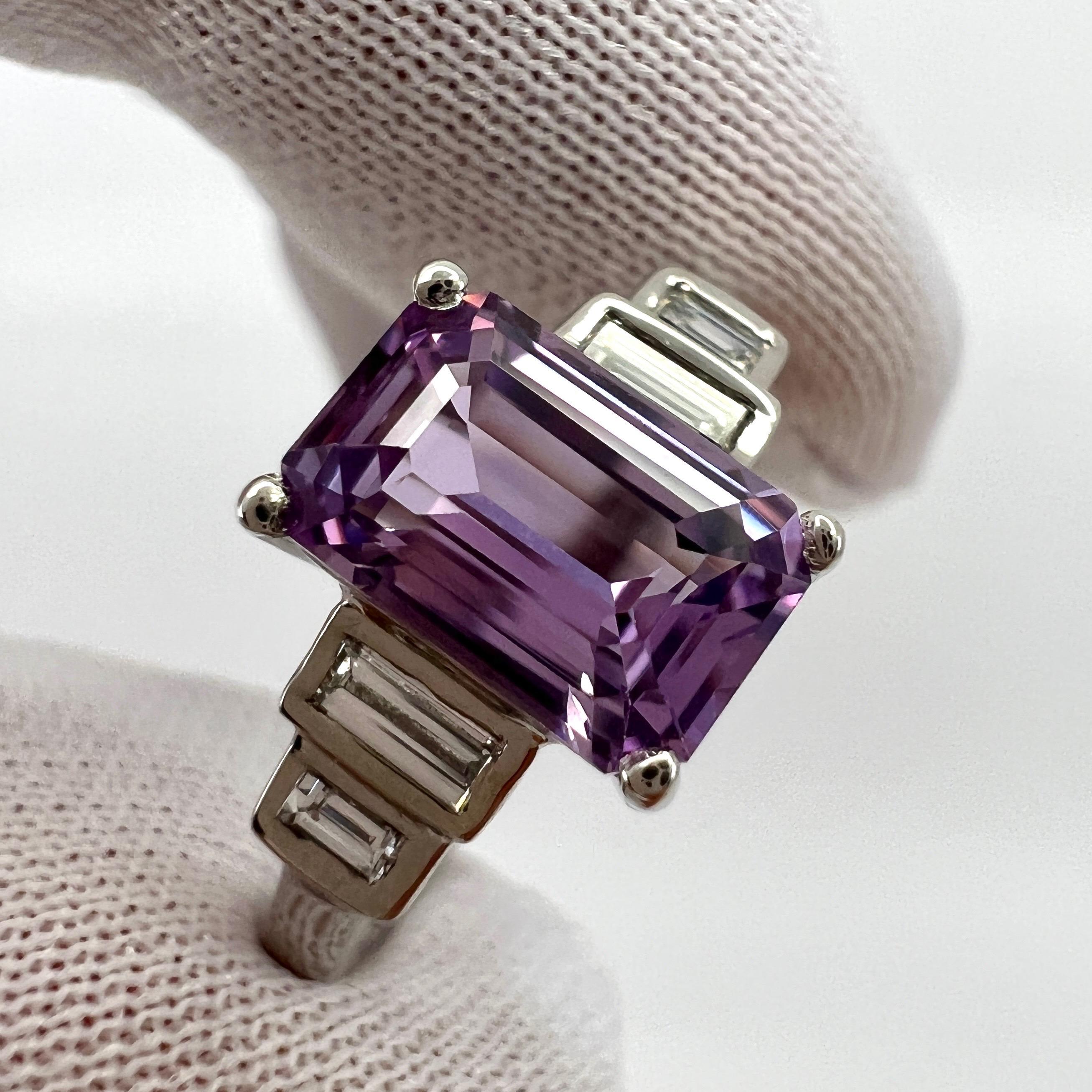 GIA Certified Untreated Purple Pink Emerald Cut Sapphire And Baguette Cut Diamond Art Deco Ring.

1.69 Carat sapphire with a beautiful pinkish purple colour and excellent clarity. Fully certified by GIA as natural and untreated and unheated. Very