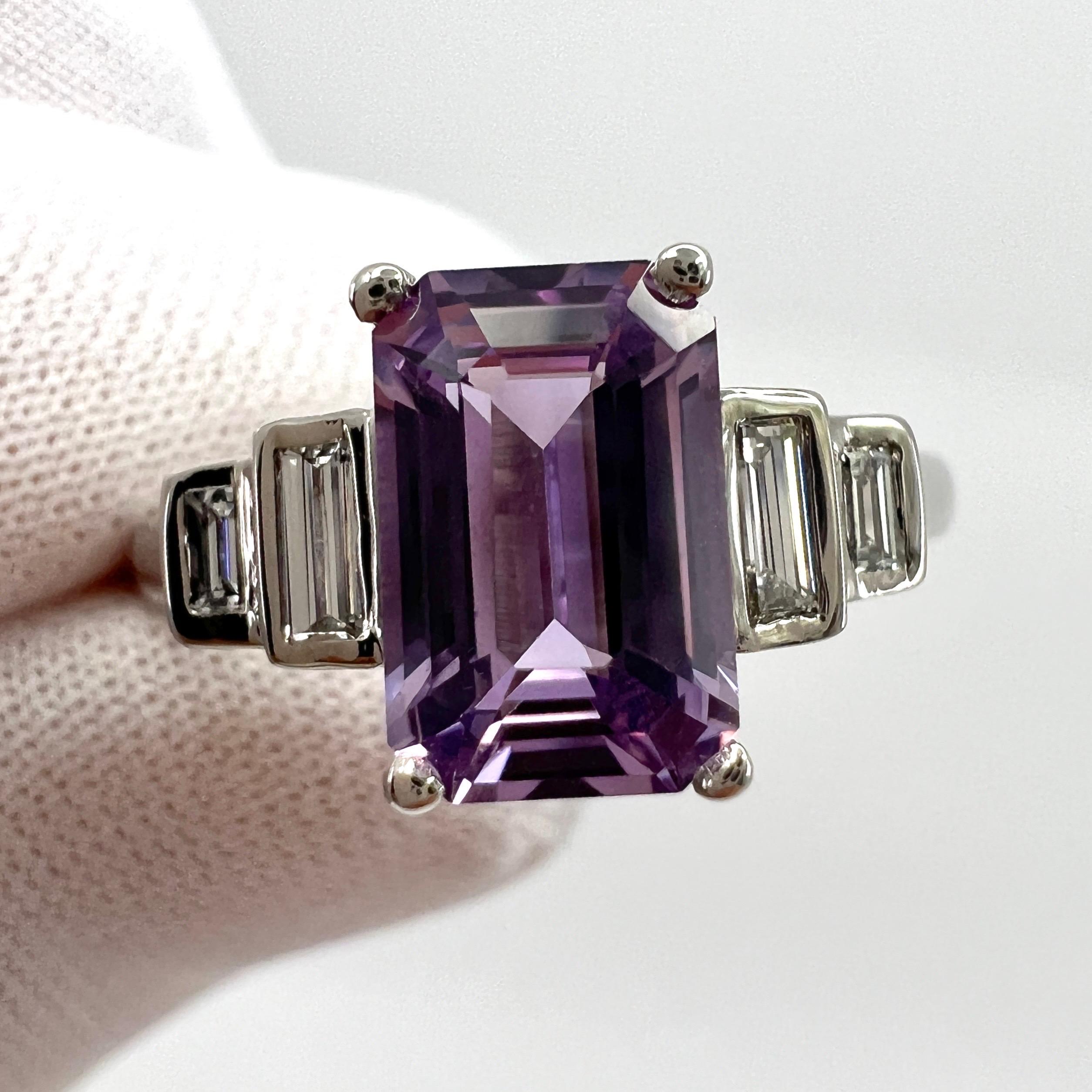GIA Certified Unheated Purple Pink Emerald Cut Sapphire Diamond Five Stone Ring In New Condition In Birmingham, GB