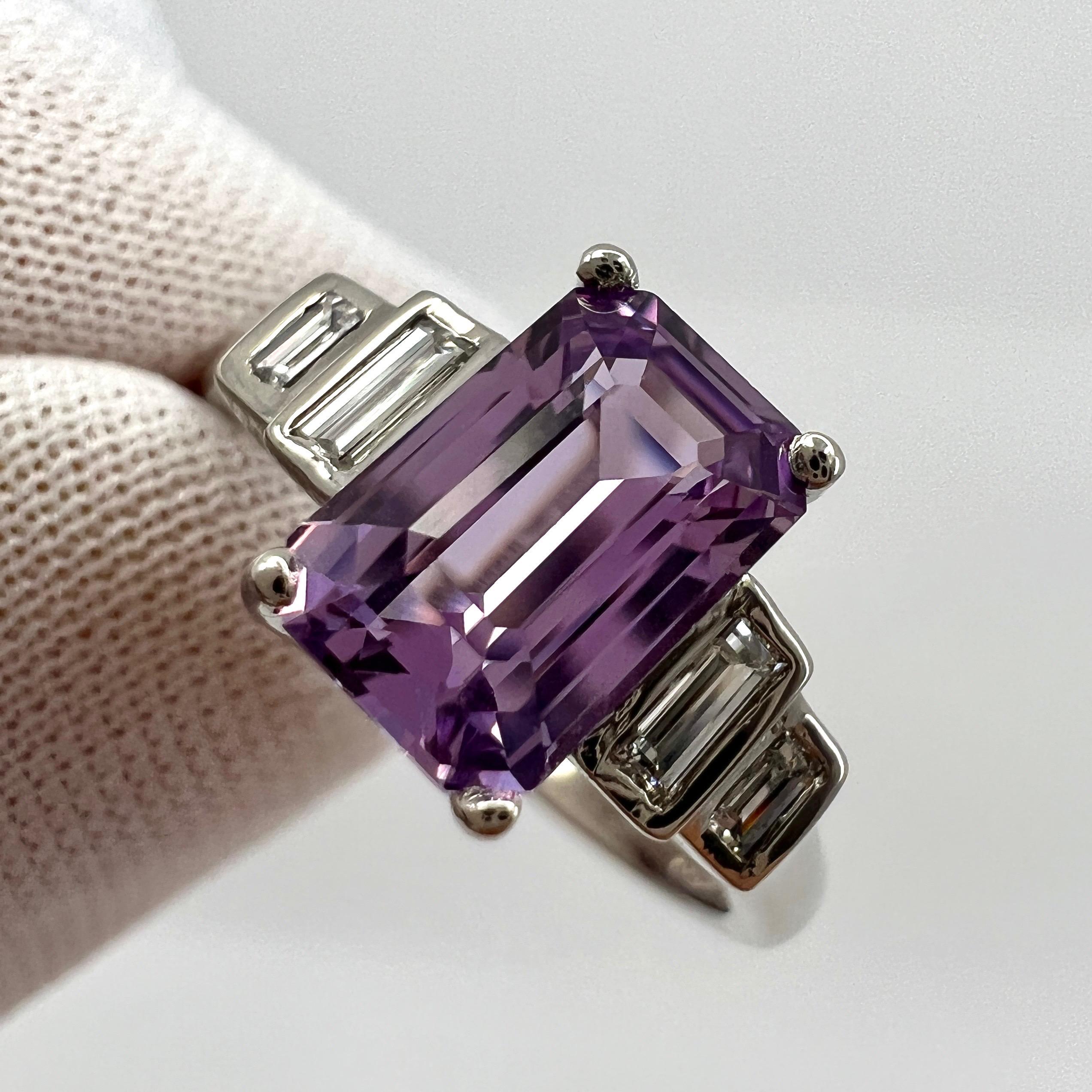Women's or Men's GIA Certified Unheated Purple Pink Emerald Cut Sapphire Diamond Five Stone Ring