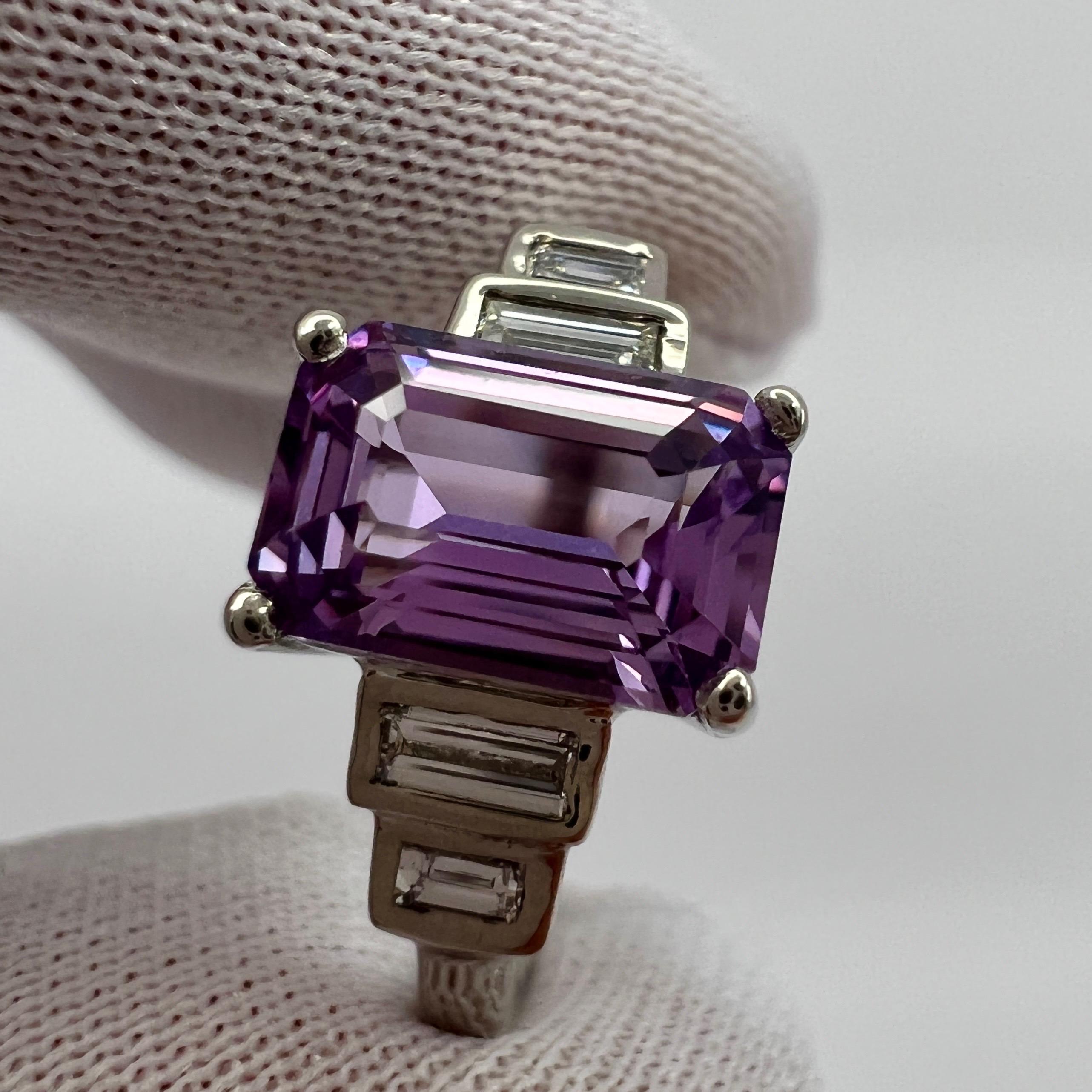 GIA Certified Unheated Purple Pink Emerald Cut Sapphire Diamond Five Stone Ring 2