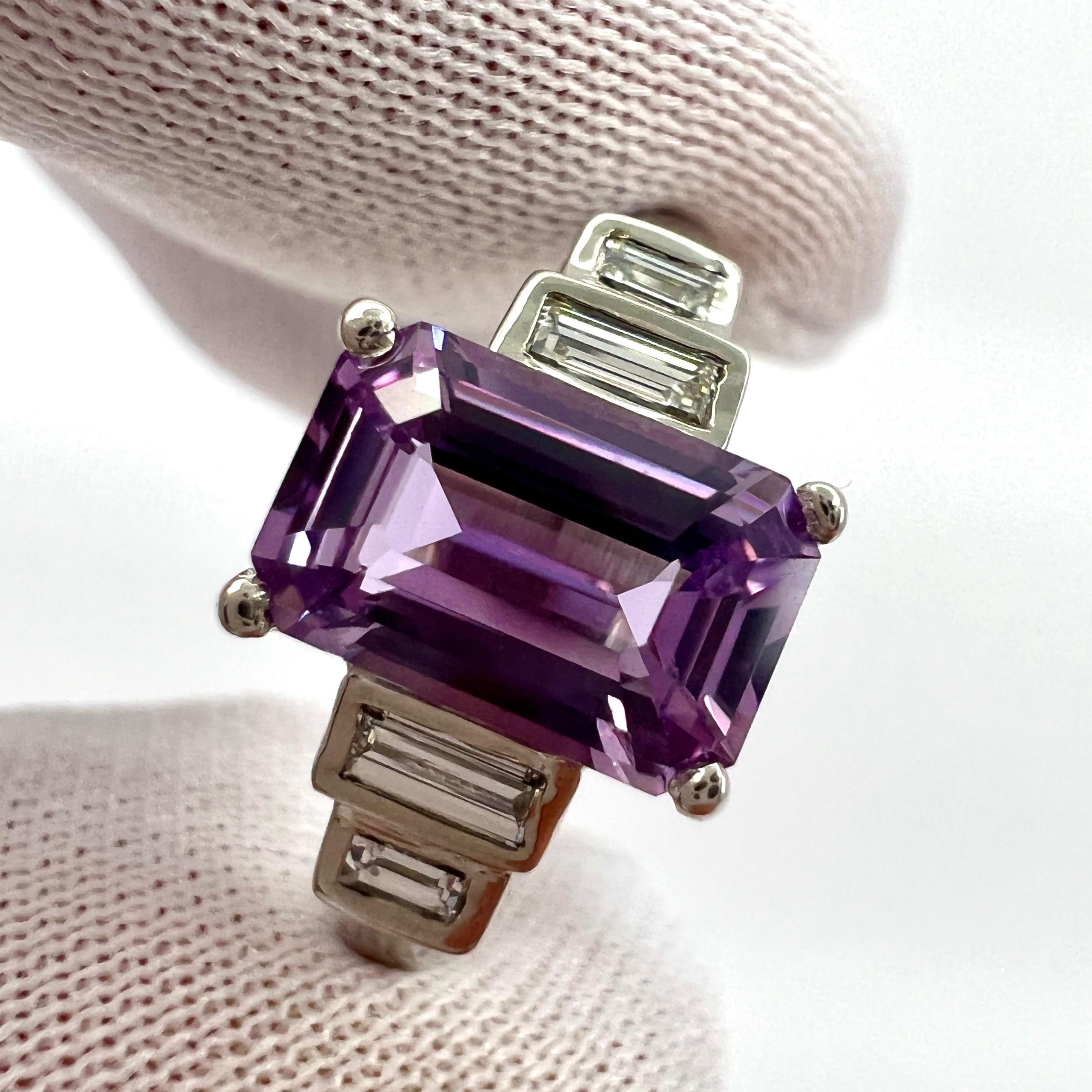 GIA Certified Unheated Purple Pink Emerald Cut Sapphire Diamond Five Stone Ring 4