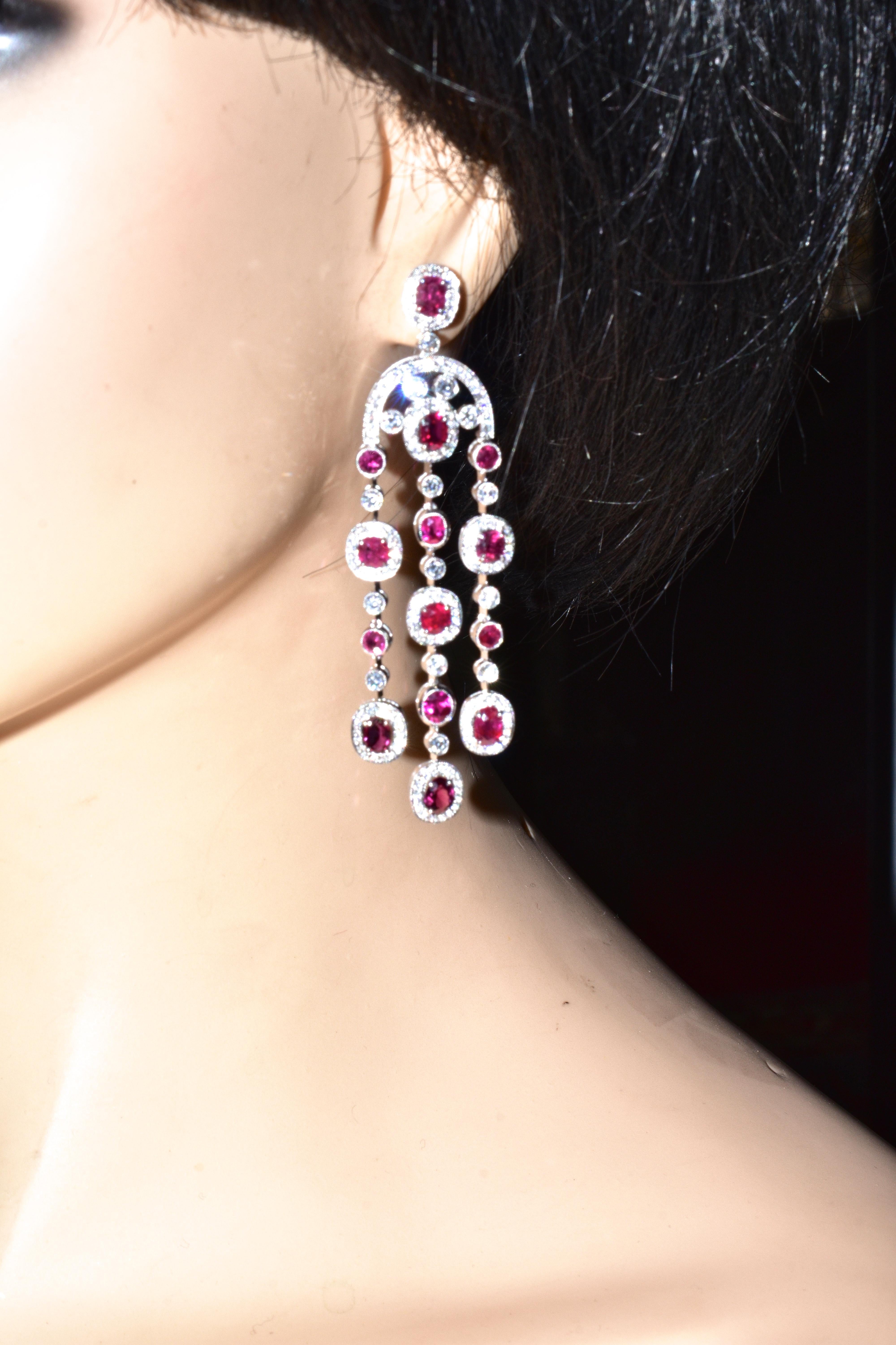 Contemporary GIA Certified Unheated Ruby and Diamond Chandelier Earrings For Sale