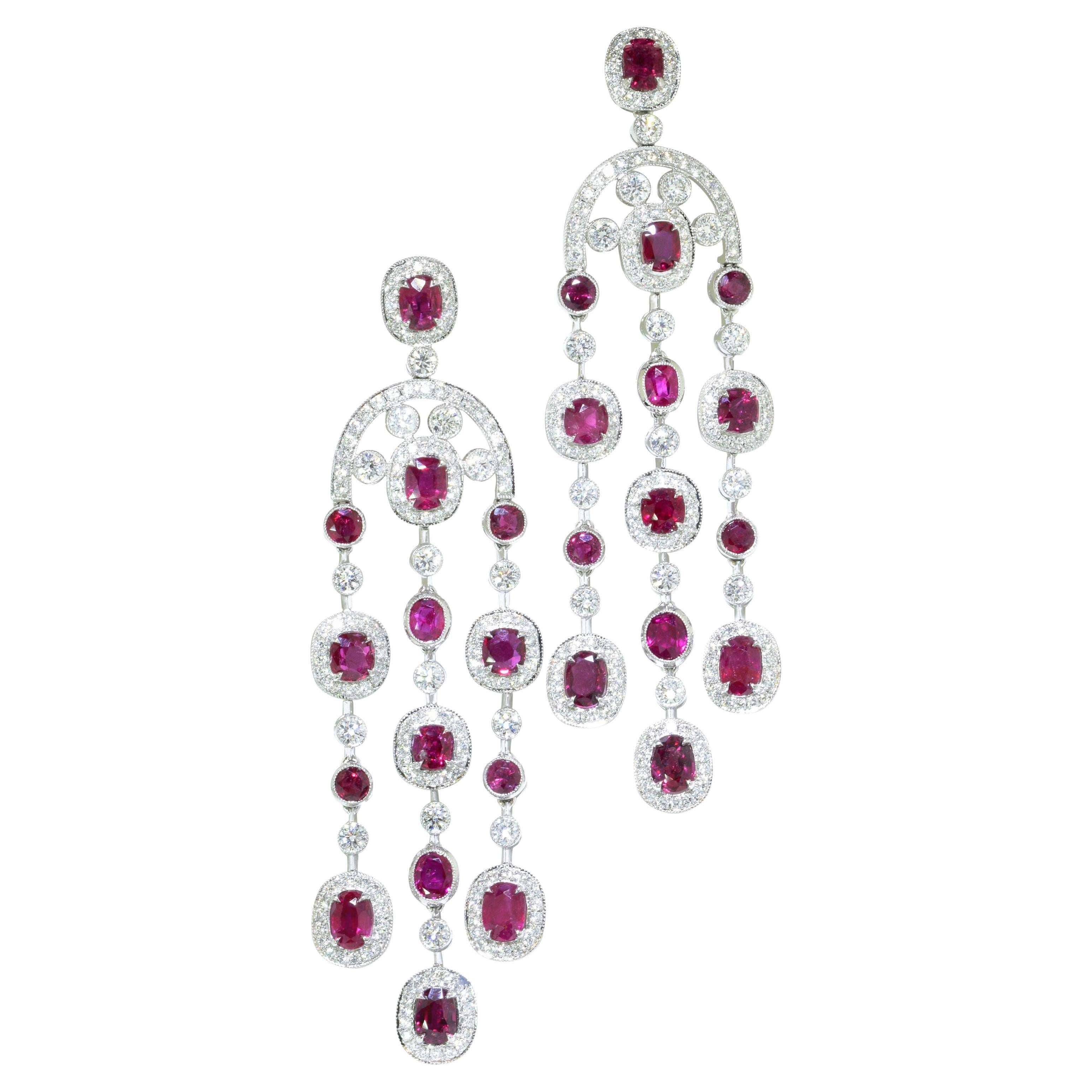GIA Certified Unheated Ruby and Diamond Chandelier Earrings For Sale