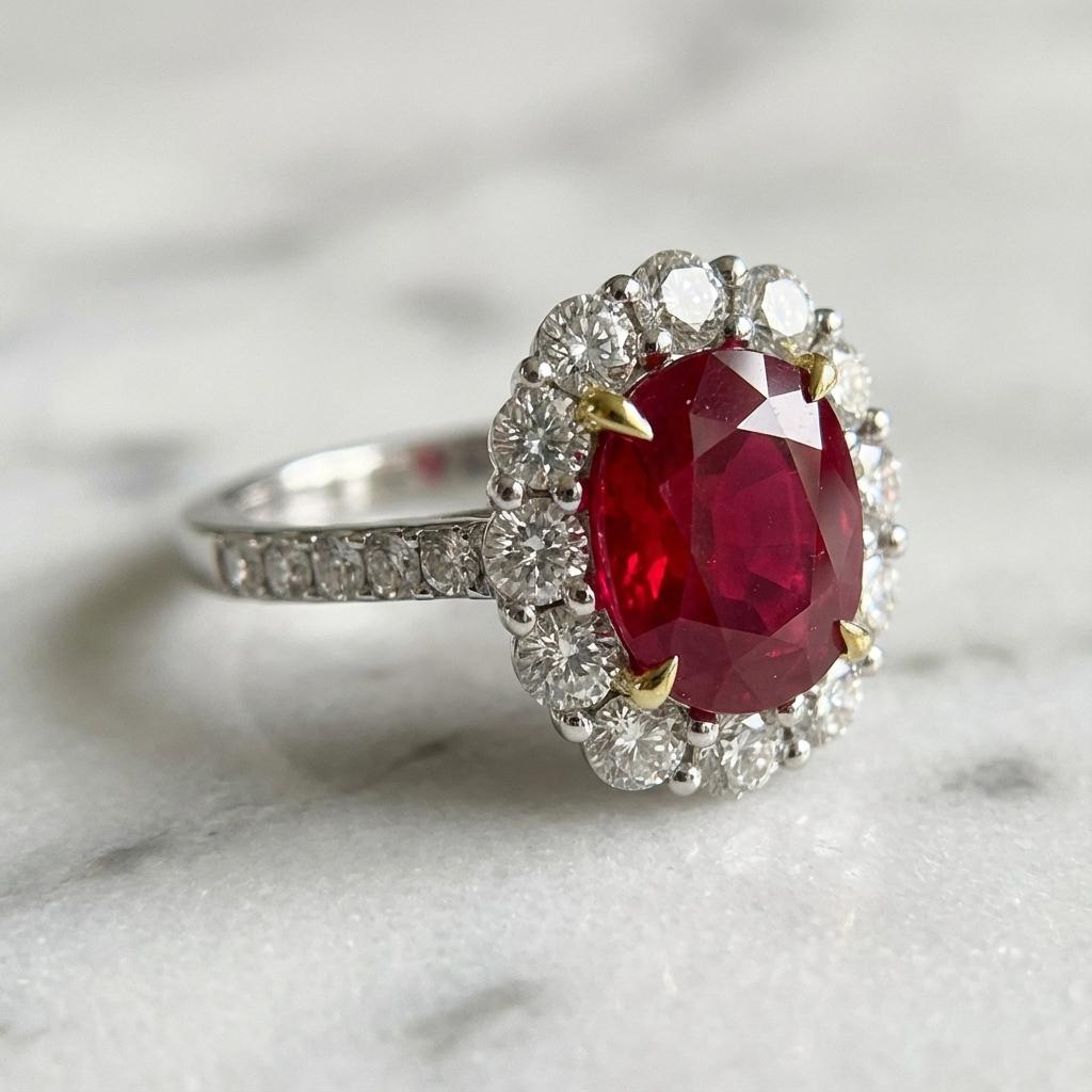 Contemporaneo Anello aureola con rubino non riscaldato certificato GIA in vendita