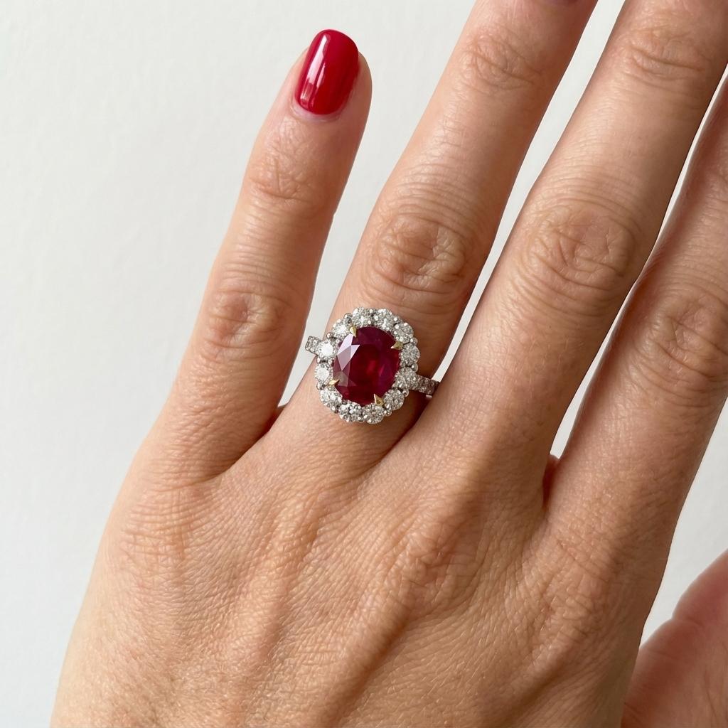 Taglio ovale Anello aureola con rubino non riscaldato certificato GIA in vendita
