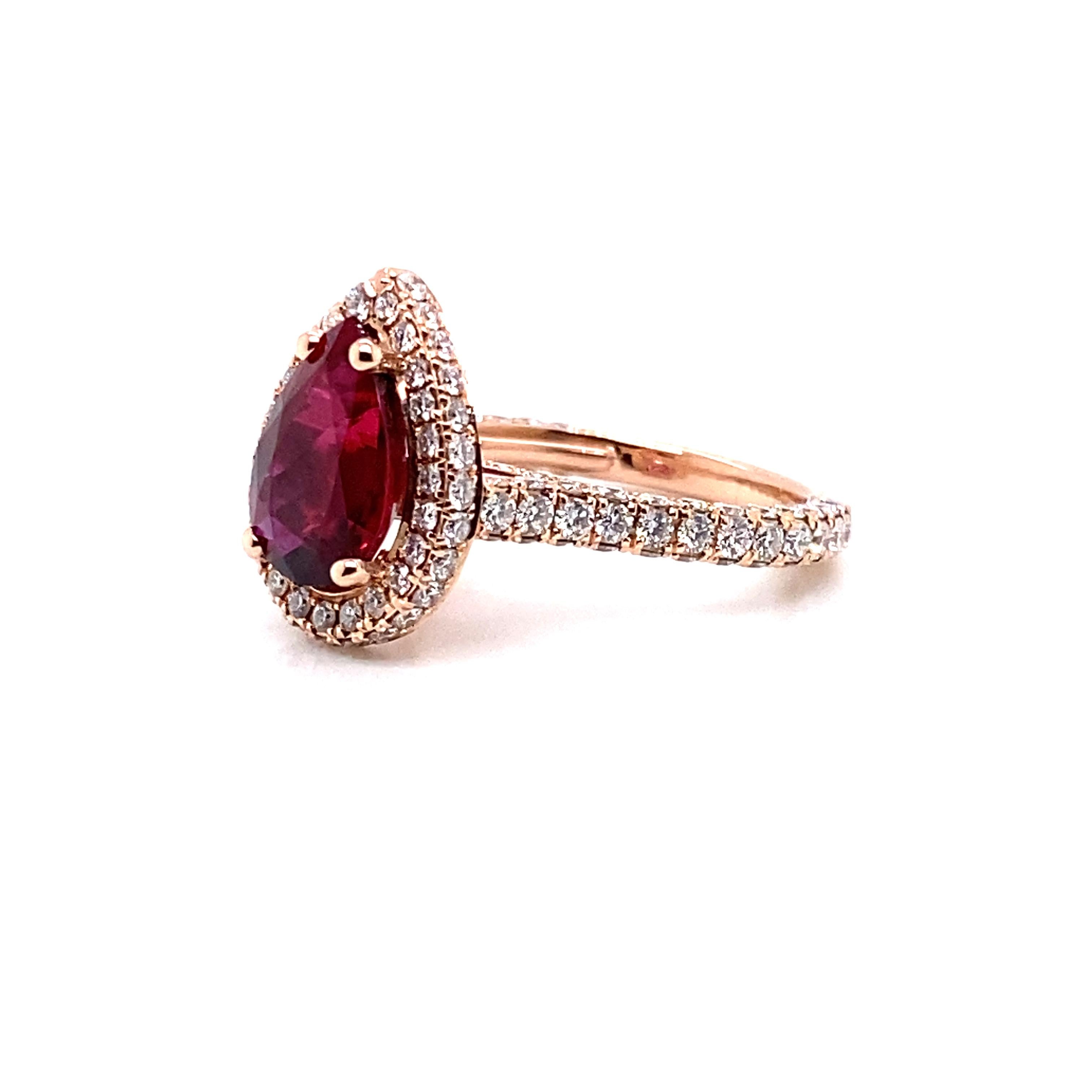 Custom 14K Rose gold Setting
1.72ct Round Brilliant Diamonds
2.52ct Pear Shape Ruby
GIA Certificate number: 6177451527
