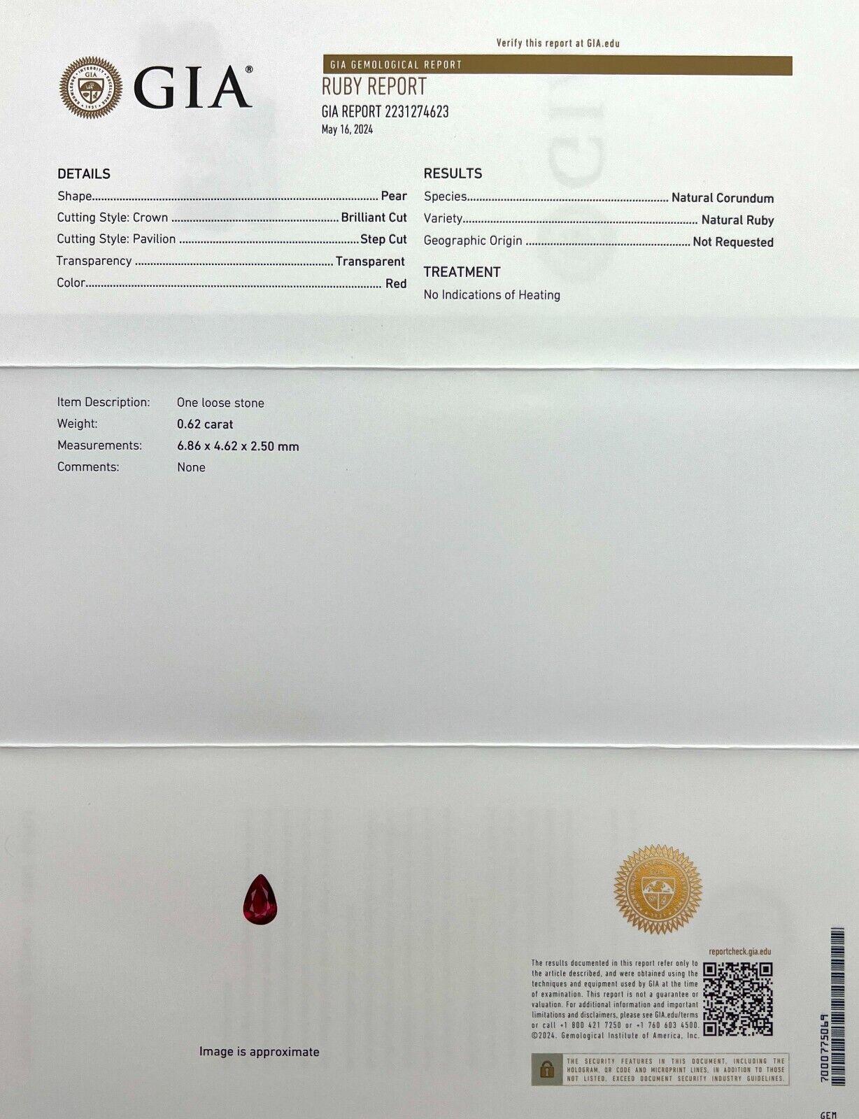 GIA Certified Unheated Ruby Vivid Red 0.62ct Pear Teardrop Cut Untreated Rare

GIA Certified Natural Untreated Vivid Red Pear Cut Ruby (Rubis rouge vif taille poire).
Rubis de 0,62 carat de couleur rouge vif. Totalement non traité et non chauffé,