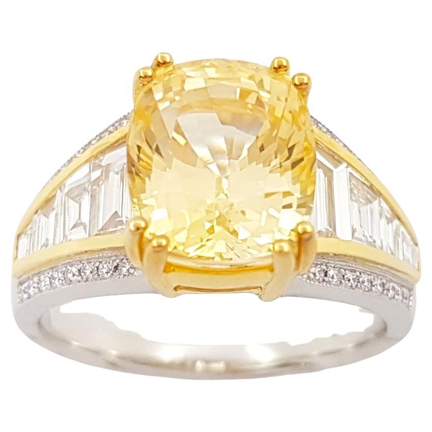 Zafiro Amarillo No Calentado Certificado GIA 5cts con Anillo de Diamantes en Oro Blanco de 18K